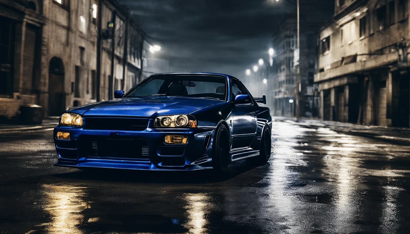 r34 nissan skyline, photo of a car in a stormy night, blue car, cyberpunk city night, storm in the city, dark cinematic, ultra detailed, photorealistic, masterpiece.