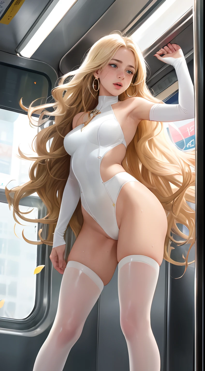 ((prepubescent)), Beautiful girl, freckles on her face, Light green eyes, Large earrings, high heels boots, full bodyesbian, Shot from below, Very light skin , Very long hair, Wavy hair , Blonde hair, Busy subway cars, Photorealistic, Indirect lighting, volumettic light, Ray tracing, Hyper-detailed, Best quality, Ultra-high resolution, hdr, 8K,Camel toe petals,Hollow-out on,sweat leggs,White liquid, Smooth pink skin, shiny metallic glossy skin, Shiny,spread their legs,M-shaped legs,Irritated,white liquid all over body,Full body like