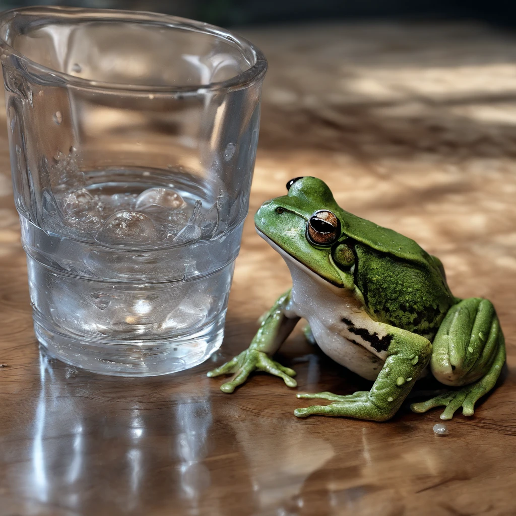 The water glasses and water on the table fell to the floor,The water was sprinkled on the frog。