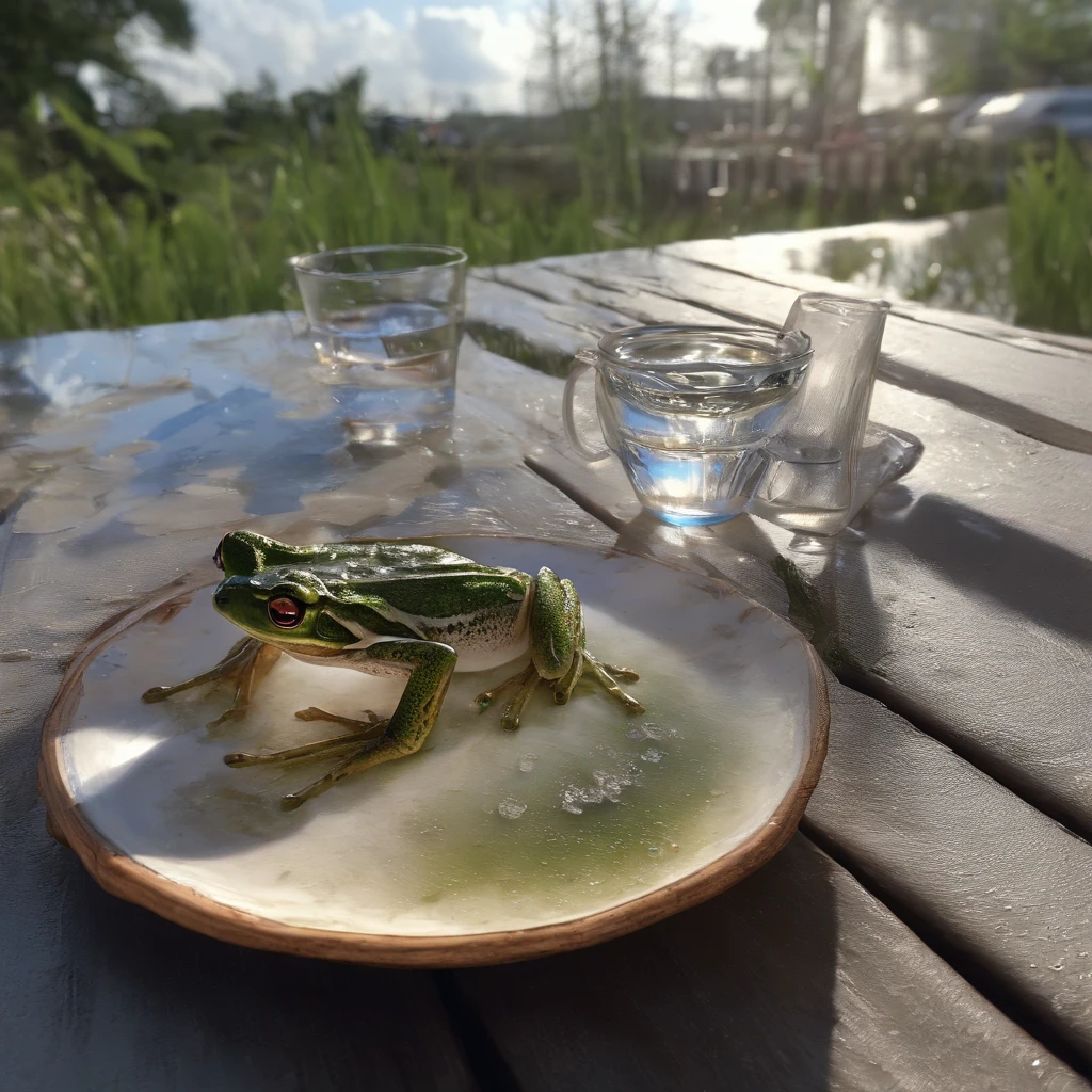 The water glasses and water on the table fell to the floor,The water was sprinkled on the frog。