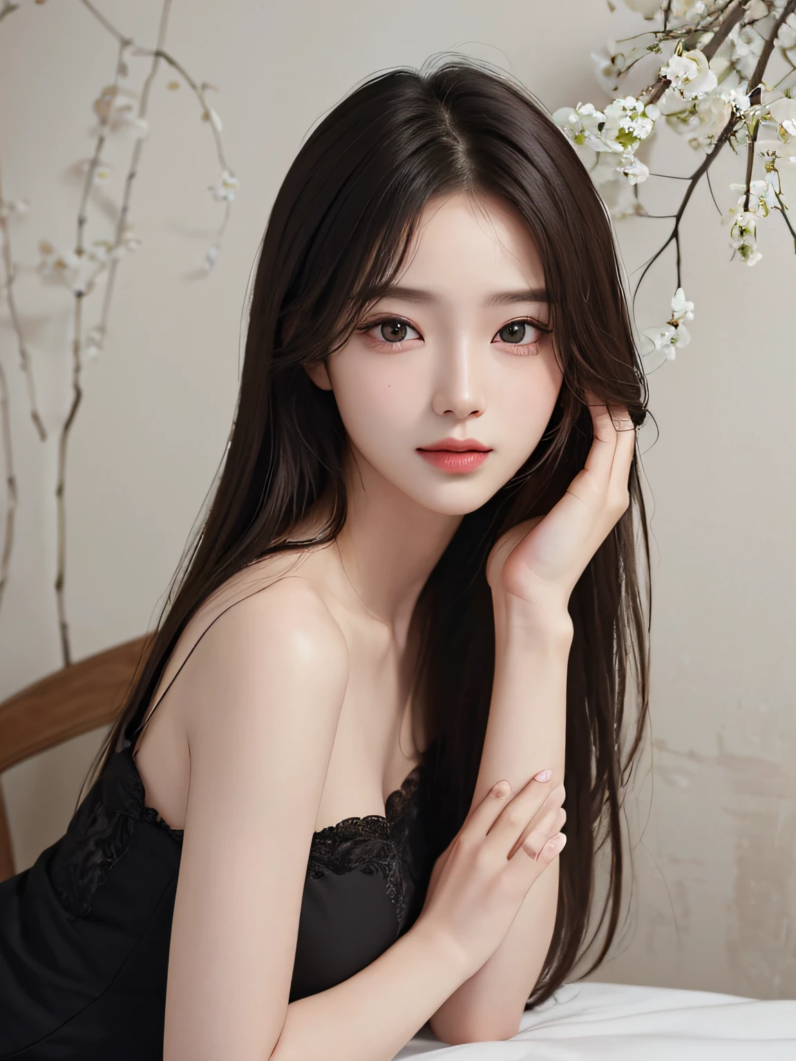 masterpiece、The highest image quality、hightquality、Beautuful Women、japanes、Popular Korean Makeup、detaileds、Swollen eyes、A detailed eye、Detailed skin、Beautiful skins、超A high resolution、(Realistis:1.4)、very extremely beautiful、Slightly younger face、Beautiful skins、thin、(A hyper-realistic)、(illustratio)、(hight resolution)、(8K)、(ighly detailed)(The best illustrations)、(beautifully detailed eyes)、(ultra-detailliert)、(wall-paper)、(详细的脸)、looking at the viewers、fine detailed、 A detailed face、pureerosfaceace_v1、a smile、Looking straight ahead、Looking straight ahead、angle from waist up、photos realistic、Bright lighting、profetional lighting、A dark-haired(Some greenery)、length hair、Hair over one eye、Dark ruins、Big Red Moon、Gorgeous red and black dress