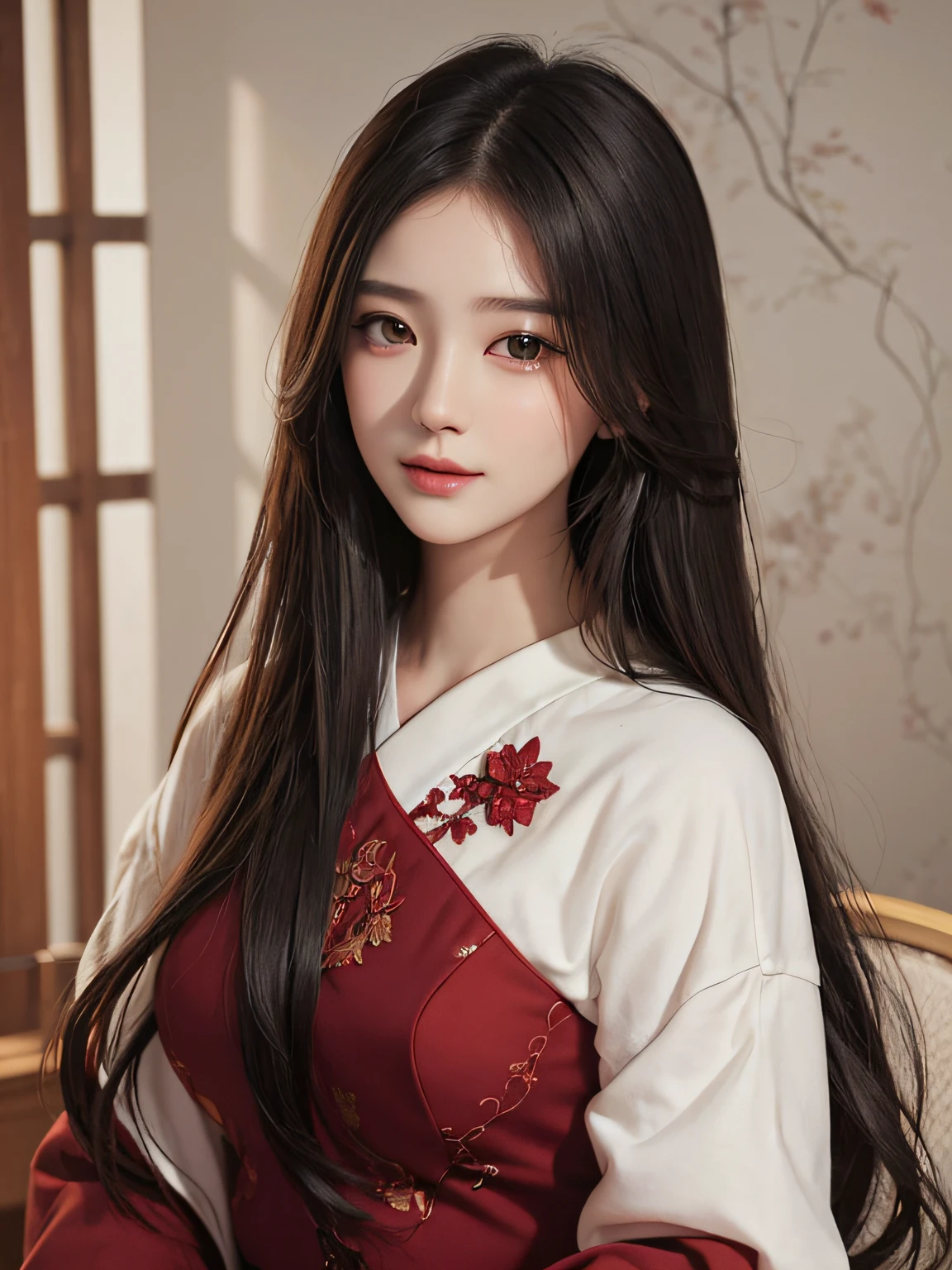 ​masterpiece、The highest image quality、hightquality、Beautuful Women、japanes、Popular Korean Makeup、detaileds、Swollen eyes、A detailed eye、Detailed skin、Beautiful skins、超A high resolution、(Realistis:1.4)、very extremely beautiful、Slightly younger face、Beautiful skins、thin、(A hyper-realistic)、(illustratio)、(hight resolution)、(8K)、(ighly detailed)(The best illustrations)、(beautifully detailed eyes)、(ultra-detailliert)、(wall-paper)、(详细的脸)、looking at the viewers、fine detailed、 A detailed face、pureerosfaceace_v1、a smile、Looking straight ahead、Looking straight ahead、angle from waist up、photos realistic、Bright lighting、profetional lighting、A dark-haired(Some greenery)、length hair、Hair over one eye、Dark ruins、Big Red Moon、Gorgeous red and black dress