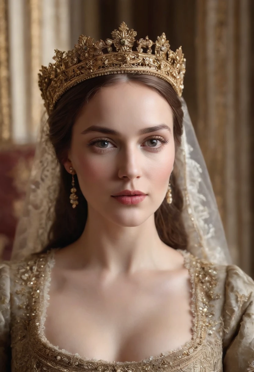 (Best quality,ultra-realistic:1.2),A high resolution,Ultra-detailed,portrait,Wife of King Henry VIII,Toile de fond urbaine,Beaux yeux expressif,beautiful detailed lips,espagnole, cheveux sombre, Beautiful and elegant personality,sexy almost nude dress outfit as well as the hairstyle of his time that reflects the royal status. religieux, foi catholique. Tenez-vous en confiance, glowing lighting,Couleurs olives,Sculpted skin,Joaillerie,colliers croix catholique,Contexte historique,Calm and powerful manners,Dark black and gold color scheme,maquillage naturel,glowing complexion,Ornate crown,Royal and elegant presence,Expression sereine,Improve facial features,Des cheveux de luxe fluides.full body
