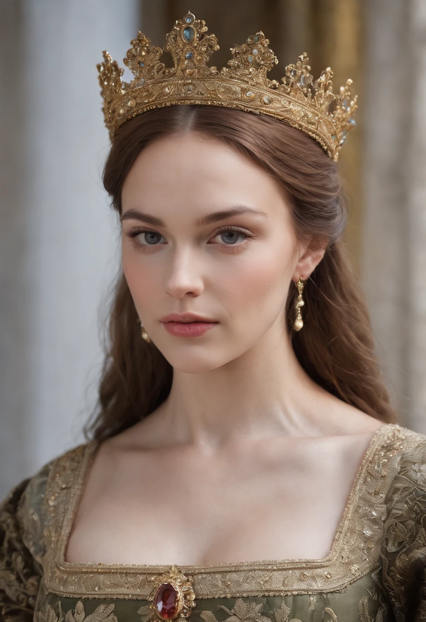 (Best quality,ultra-realistic:1.2),A high resolution,Ultra-detailed,portrait,Wife of King Henry VIII,Toile de fond urbaine,Beaux yeux expressif,beautiful detailed lips,espagnole, cheveux sombre, Beautiful and elegant personality,sexy almost nude dress outfit as well as the hairstyle of his time that reflects the royal status. religieux, foi catholique. Tenez-vous en confiance, glowing lighting,Couleurs olives,Sculpted skin,Joaillerie,colliers croix catholique,Contexte historique,Calm and powerful manners,Dark black and gold color scheme,maquillage naturel,glowing complexion,Ornate crown,Royal and elegant presence,Expression sereine,Improve facial features,Des cheveux de luxe fluides.full body