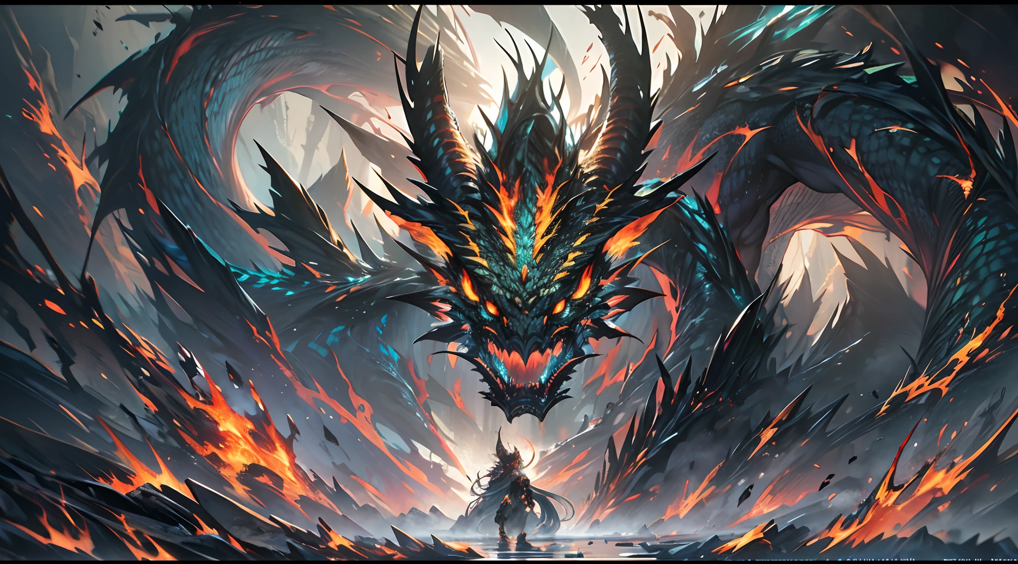 (The pupils burn like flames), (Hideous and vivid details of the monster's face,Vivid details of the monster's face,Extremely detailed depiction of the monster's face:1.1), Surrounded by thick fog, Creepy resonance, Dark and mysterious hues, strong contrasts, Strong dynamics, Refraction of golden light, The texture is expressive, Digital oil painting effect, Emphasize the character's subject position and pose, Powerful edge-lit effect, Dramatic angles and near and far effects, Detailed and rugged terrain, It is full of exotic plants, Powerful energy flow effect, Splash splinter and spark effects,Mechanically constructed dragons,Huge broken weapons,Roaring dragon,Glowing scales,Erupting steam,Black smoke,White scales,Cyan eyes