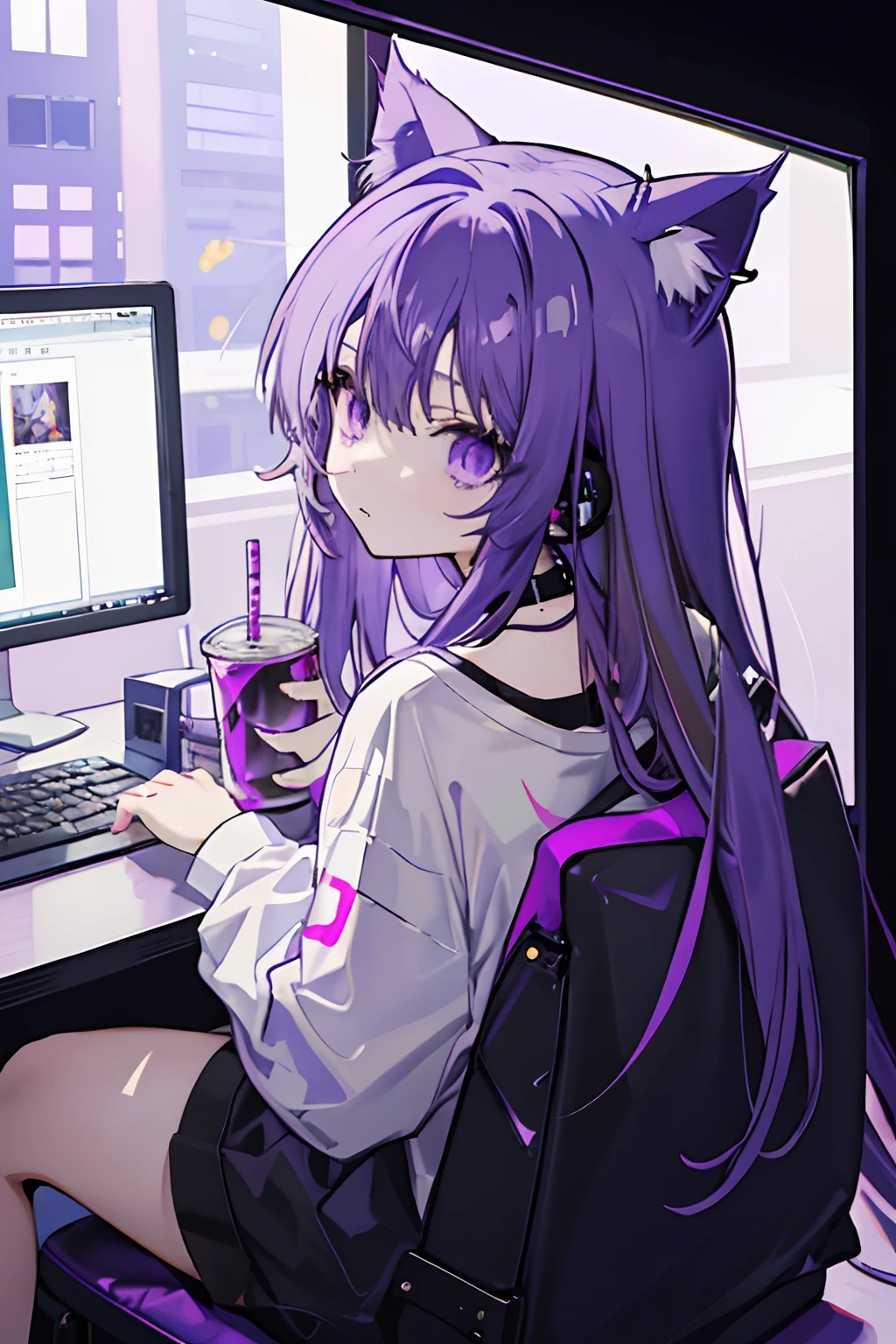 anime girl, purple hair, cat ears, choker, oversized white t-shirt, sitting down, holding a cup, soda cup, headset, Infront of PC, facing away, dark, bright screen, streaming room, up close, baggy clothes, back facing camera, back shot,looking behind, soda can, purple room, darkly lit
