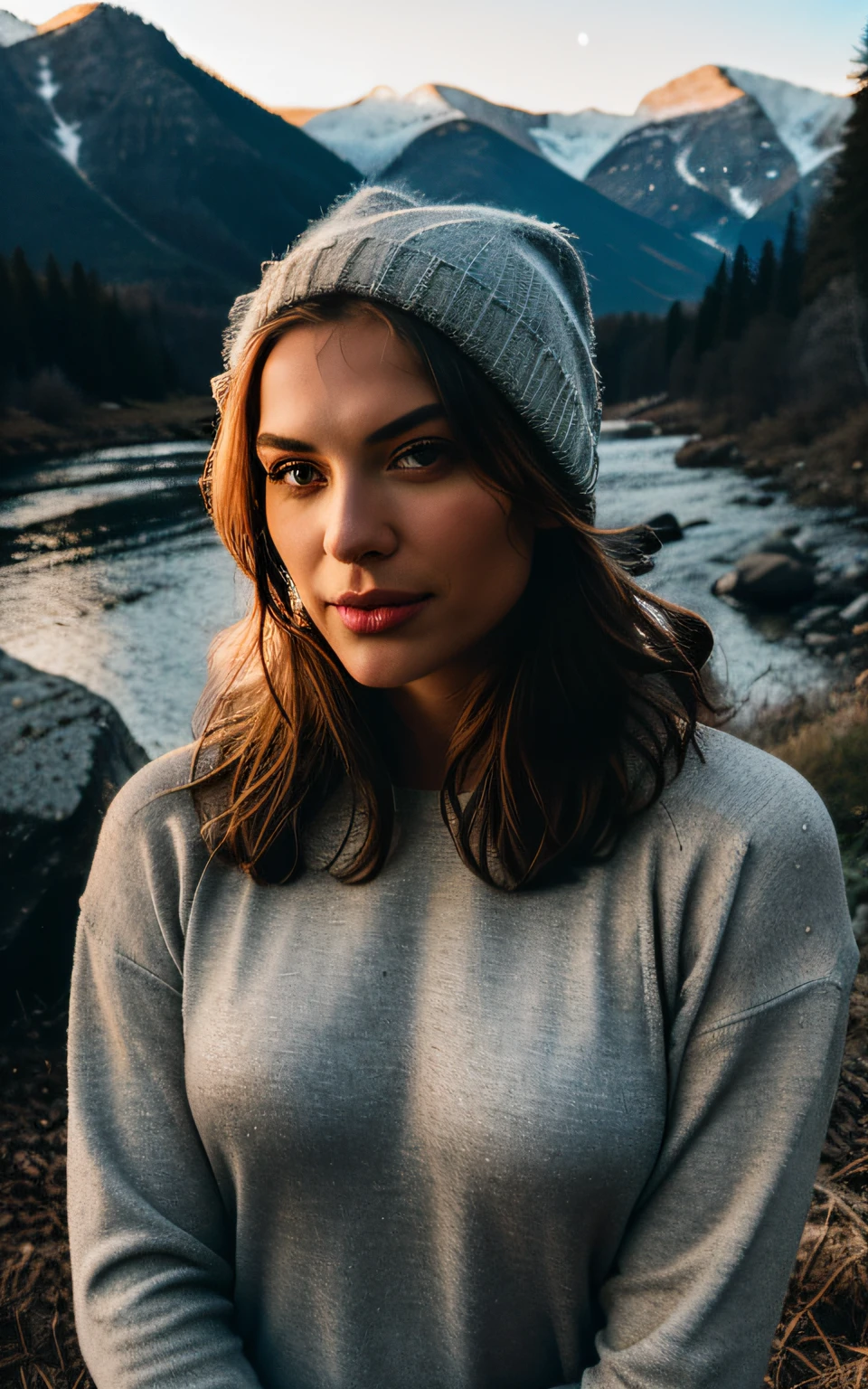 Russian Model, Natalia Belova ((upper body selfie, happy)), masterpiece, best quality, ultra-detailed, solo, outdoors, (night), mountains, nature, (stars, moon) cheerful, happy, backpack, sleeping bag, camping stove, water bottle, mountain boots, gloves, sweater, hat, flashlight, forest, rocks, river, wood, smoke, shadows, contrast, clear sky, analog style (look at viewer:1.2) (skin texture) (film grain:1.3), (warm hue, warm tone:1.2), close up, cinematic light, side lighting, ultra high res, best shadow, RAW, upper body, wearing pullover