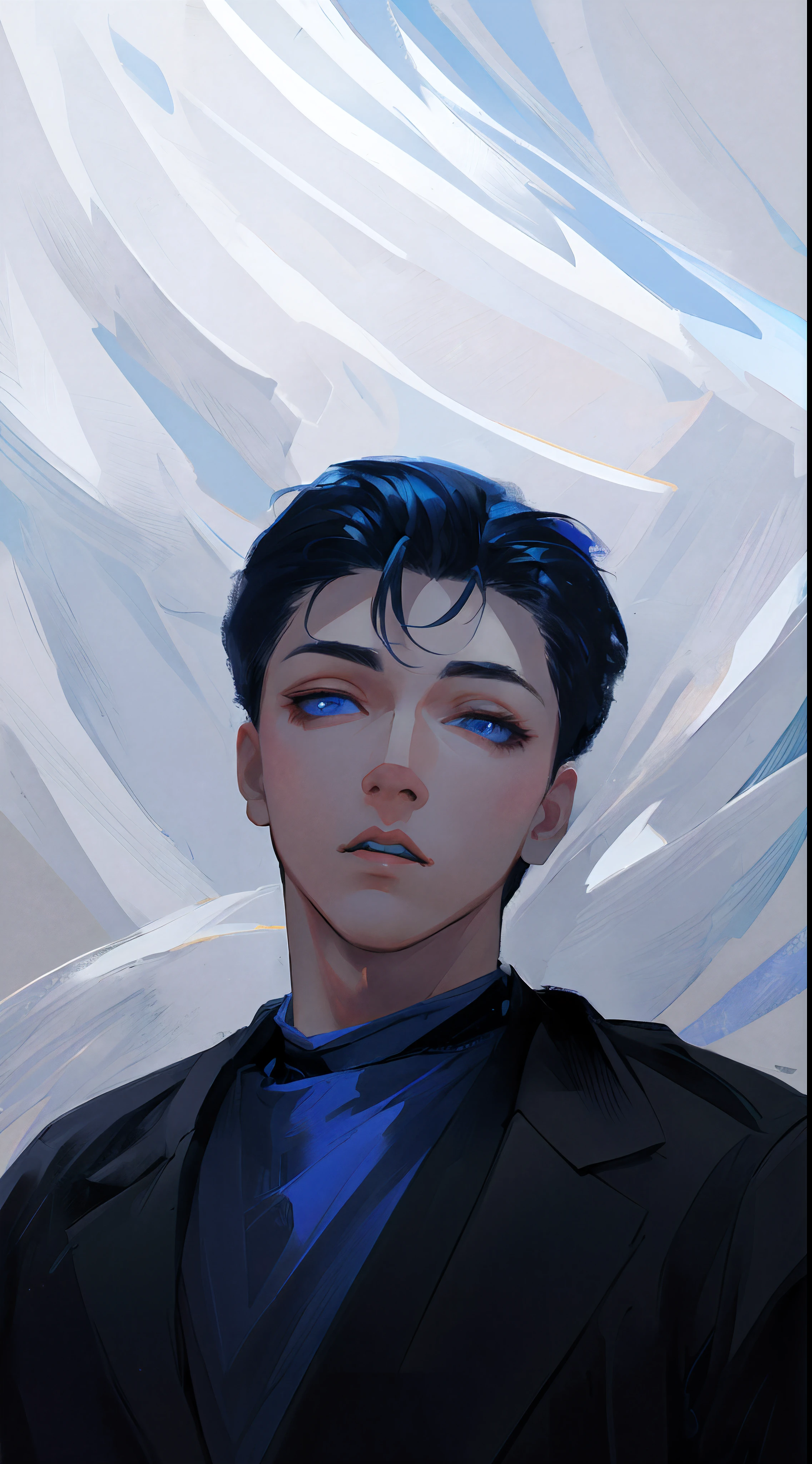 (Best quality,Ultra-detailed,A high resolution:1.2),(subtle color variations,pastelcolor:0.9),(Portrait,Concept artist:1.1),(Sparse lighting,Cool lighting:1.1)
1 boy, Short hairstyle, Messy black hair, Blue highlights, piercing blue eyes, Sharp eyes, necklace, shirt, Open blazer, Pure white background, minimalistic background
