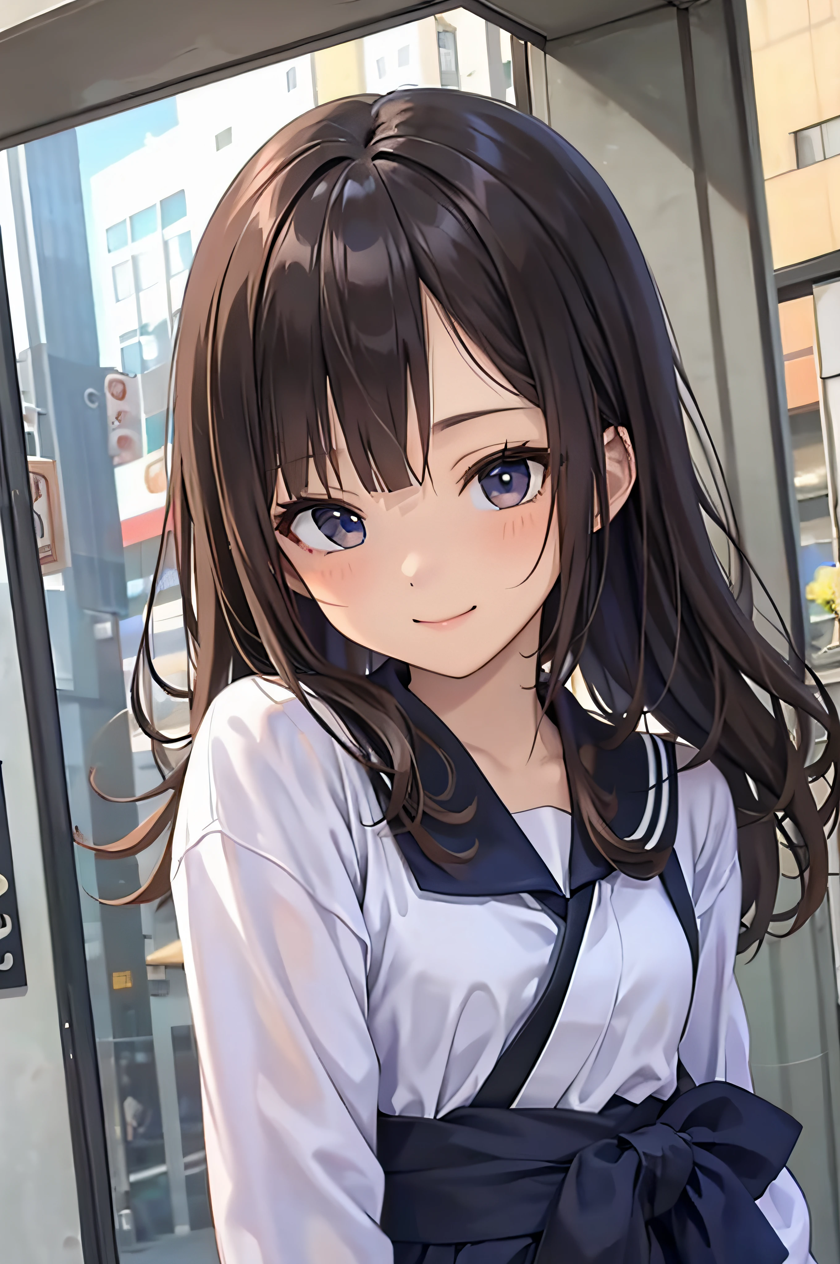 、brown haired、beautidful eyes、real looking skin、hi-school girl、a sailor suit、small tits、(8K、masterpiece)、(reallistic、Photorealsitic)、top-quality、ighly detailed、The ultra-detailliert、Beautie、cute little、japanes、Idol、a smile、Close-up portrait、Healthy face