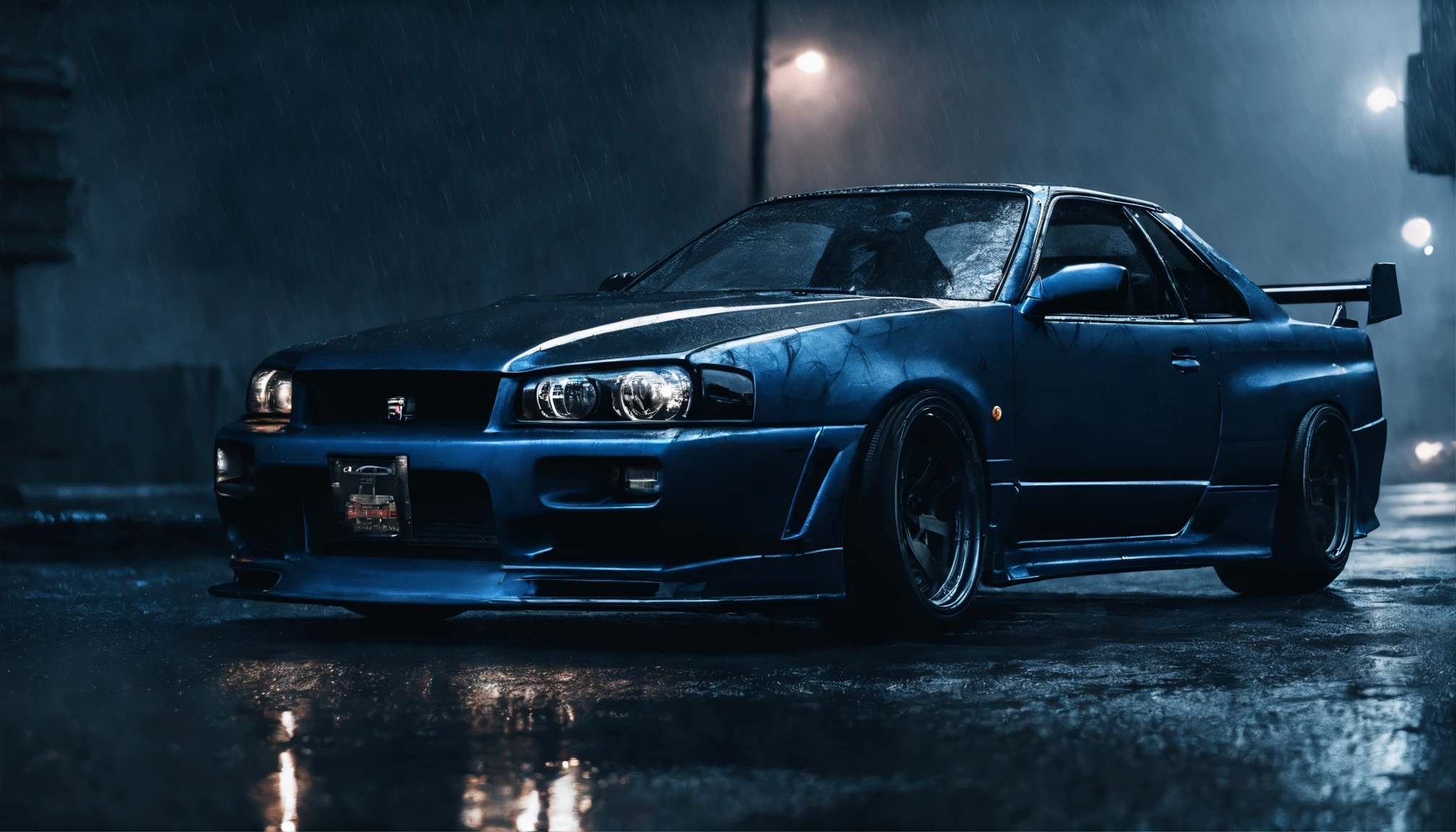 r34 nissan skyline, photo of a car in a stormy night, blue car, cyberpunk city night, storm in the city, dark cinematic, ultra detailed, photorealistic, masterpiece.