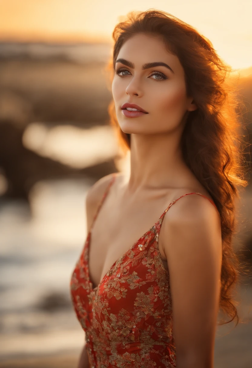 lndswgnr_v1.0, (Sharp focus: 1.5), (sharp focus:1.2), portrait, attractive young woman, (beautiful face:1.1), detailed eyes, luscious lips, (eye makeup:1.2), (tight body:1.2), wearing (flowery dress:1.2) at (the beach:1.2). (morning sun lighting:1.2), depth of field, bokeh, 4K, HDR. by (James C. Christensen:1.2|Jeremy Lipking:1.1).