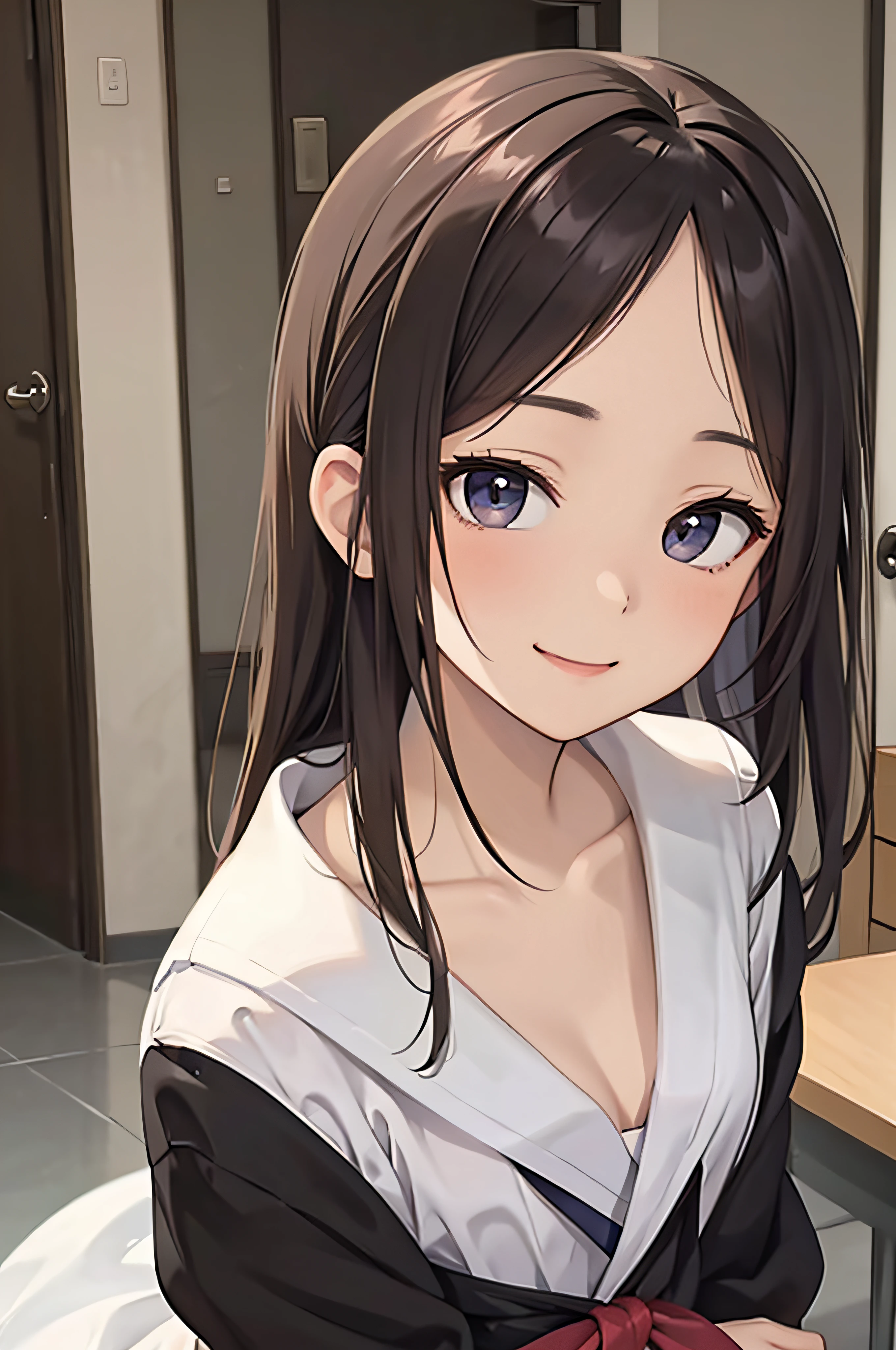 、brown haired、beautidful eyes、real looking skin、hi-school girl、a sailor suit、small tits、(8K、masterpiece)、(reallistic、Photorealsitic)、top-quality、ighly detailed、The ultra-detailliert、Beautie、cute little、japanes、Idol、a smile、Close-up portrait、Healthy face
