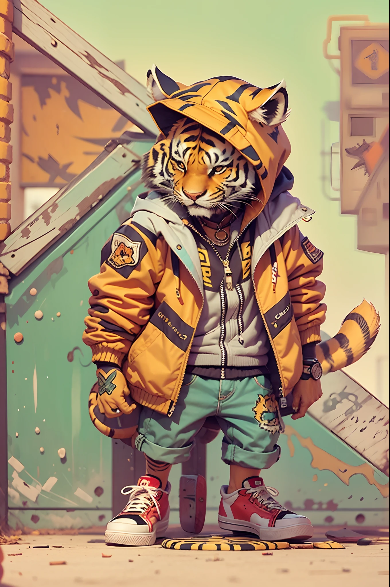 Cartoon tiger with jacket and skateboard