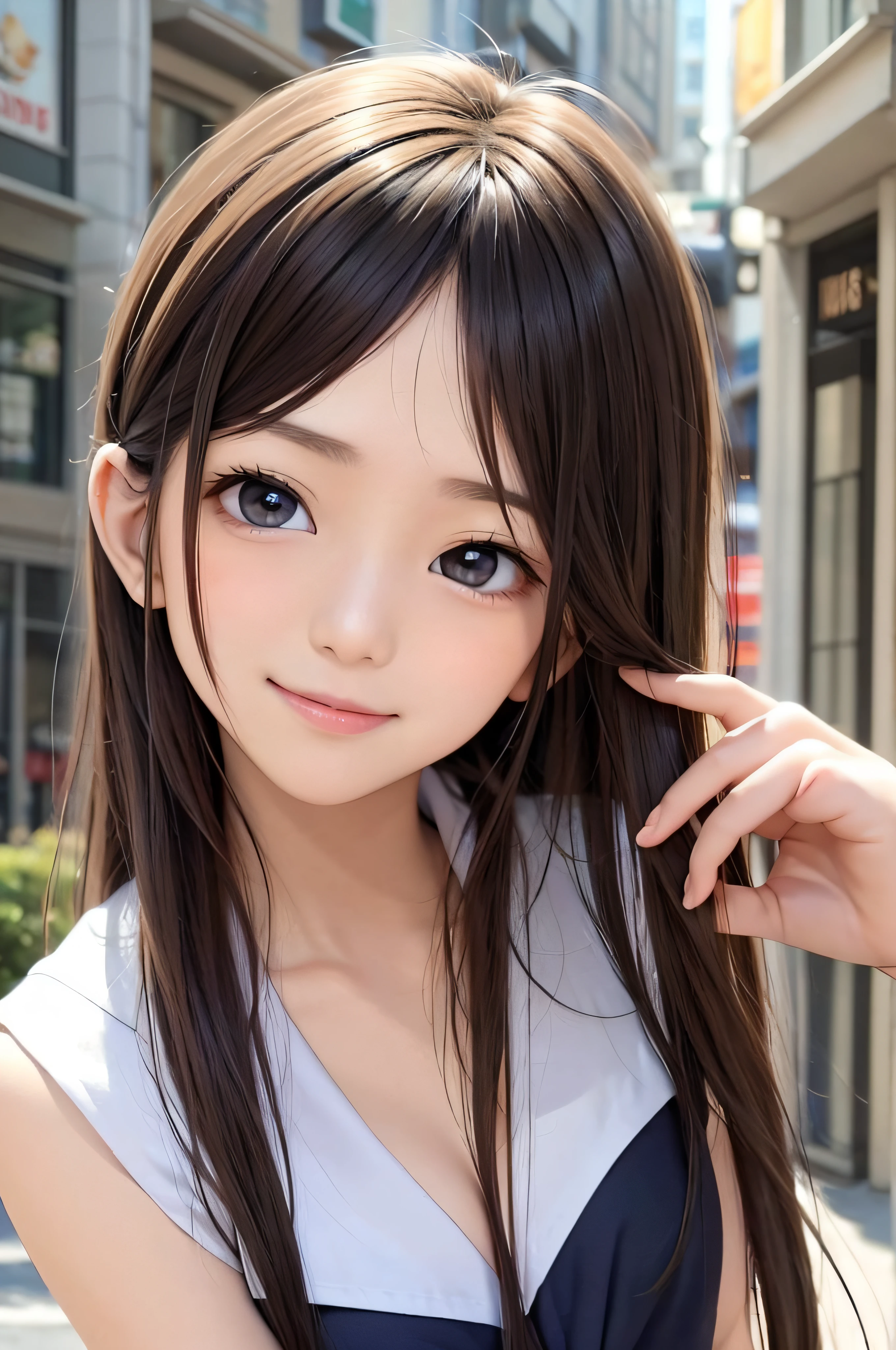 1girl , very long hair, best quality, masterpiece, portrait, a photography of a beautiful girl, detailed face, sweet smile, (blush:1.2), ((torso)),pov, (((depth of field))), pale and lustrous skin, <lora:popupparade-10:0.88:HALF_ALT_B>