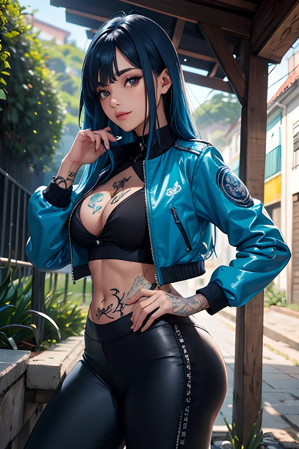 garota, Cabelo azul escuro, leggings pretas, jaqueta de pele branca, jaqueta de pele branca, usando cartola, Mago da cartola, 4k, em uma cidade, Obra-prima sorridente,  tattooed