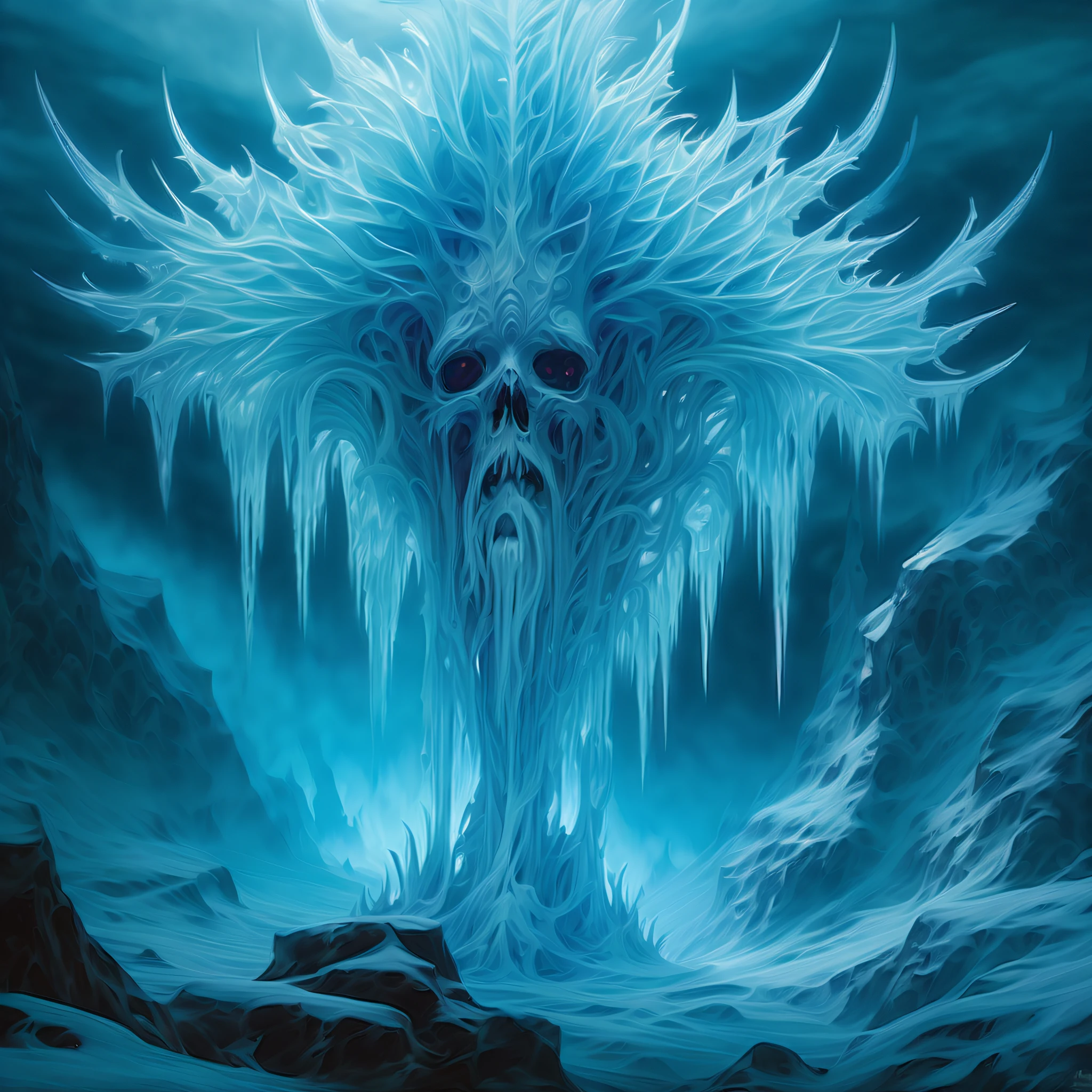 (((beautiful visually rime ice art of transparent, heaven and earth forever:1.3))), in the eerie depths of dark fantasy, chilling undead creature of rime ice, unfolds before our eyes. a breathtakingly haunting digital painting captures the main subject, massive party, dissonant rime ice orchestra of shadowy figures, each clad in ghostly attire. image seethes with an unsettling energy background intricate detailed, translucent notes of icy blue and dark spectral cyan blue float through the air, every instrument seems alive, metallic bodies dripping with spectral mist, emanating a baleful aura, image showcases the impeccable level of detail, from the ethereal glow, delicate wisps of fog that curl around, evocative concept art delves into the realm of the uncanny, promising experience that defies expectations and sends shivers down one's spine,(((highly detailed:1.3))), (((incredibly intricate details:1.3))), (((rich colors:1.3))), (((radiosity rendered in stunning 32k resolution:1.3))),