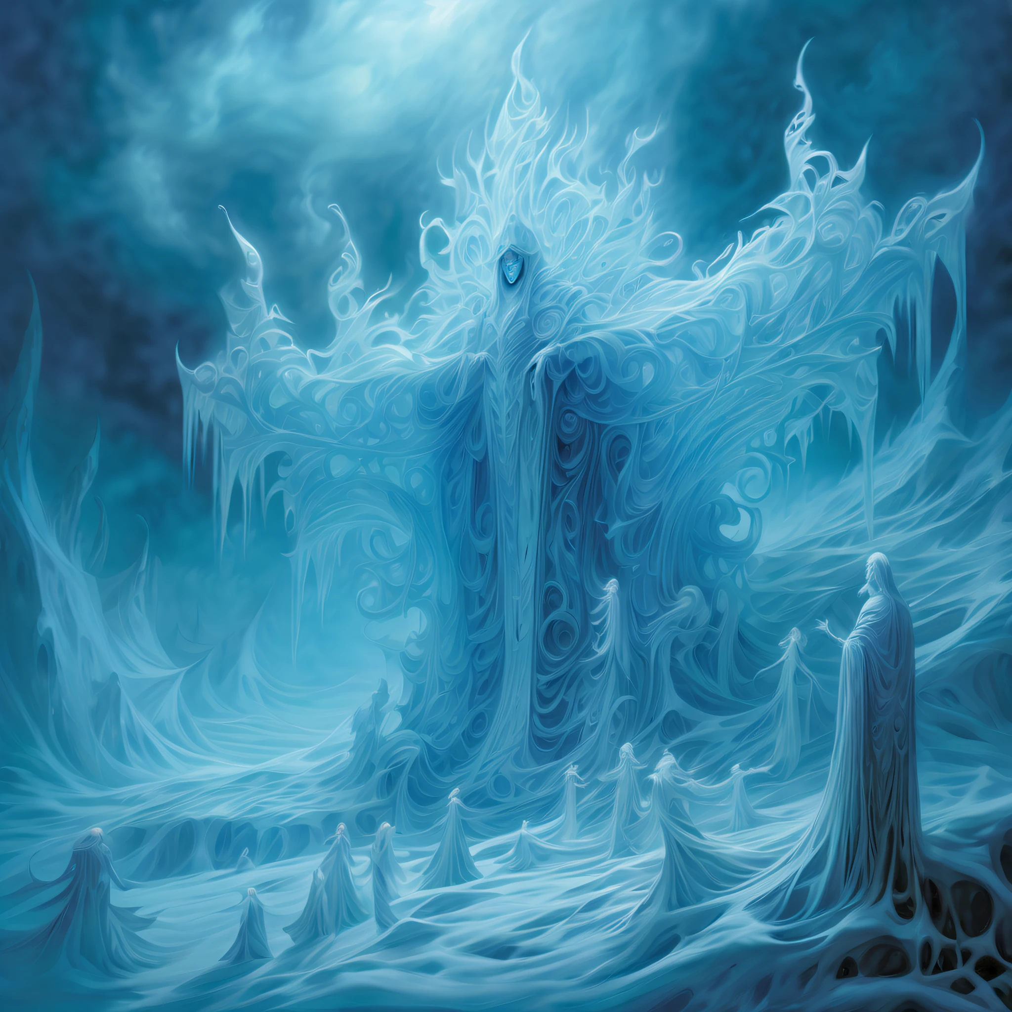 (((beautiful visually rime ice art of transparent, heaven and earth forever:1.3))), in the eerie depths of dark fantasy, chilling undead creature of rime ice, unfolds before our eyes. a breathtakingly haunting digital painting captures the main subject, massive party, dissonant rime ice orchestra of shadowy figures, each clad in ghostly attire. image seethes with an unsettling energy background intricate detailed, translucent notes of icy blue and dark spectral cyan blue float through the air, every instrument seems alive, metallic bodies dripping with spectral mist, emanating a baleful aura, image showcases the impeccable level of detail, from the ethereal glow, delicate wisps of fog that curl around, evocative concept art delves into the realm of the uncanny, promising experience that defies expectations and sends shivers down one's spine,(((highly detailed:1.3))), (((incredibly intricate details:1.3))), (((rich colors:1.3))), (((radiosity rendered in stunning 32k resolution:1.3))),