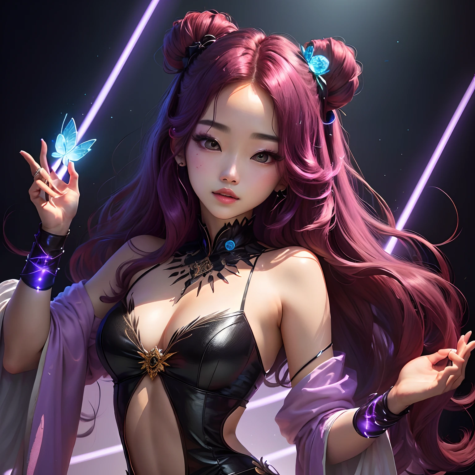 Kim Jisoo from Blackpink, jisoo kim tinker bell vidia cosplay radiates purple lights from her hand, the background is black