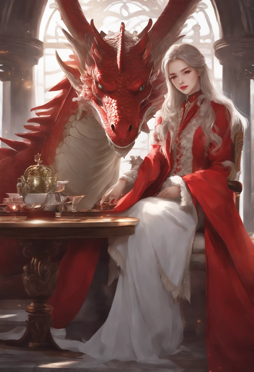 A woman in a red coat sitting on a chair with a dragon, popular on ArtStation Pixiv, detailed anime artwork, detailed digital anime art, complex gorgeous anime CGI style, guwiz on pixiv art station, guwiz on pixiv, anime fantasy illustration, detailed anime art, clean detailed anime art, detailed key anime art, red lips slightly open