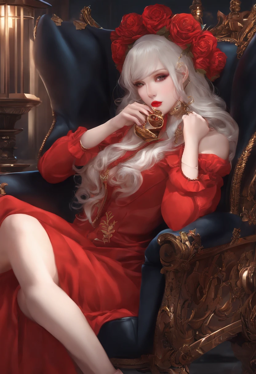 A woman in a red coat sits in a chair，Holding a dragon in his hand, popular on ArtStation Pixiv, Detailed anime artwork, Detailed digital anime art, Complex gorgeous anime CGI style, Guvitz at Pisif Art Station, Pisif's Guviz, Anime fantasy illustration, detailed anime art, clean and meticulous anime art, Detailed key anime art, Red lips slightly open, 