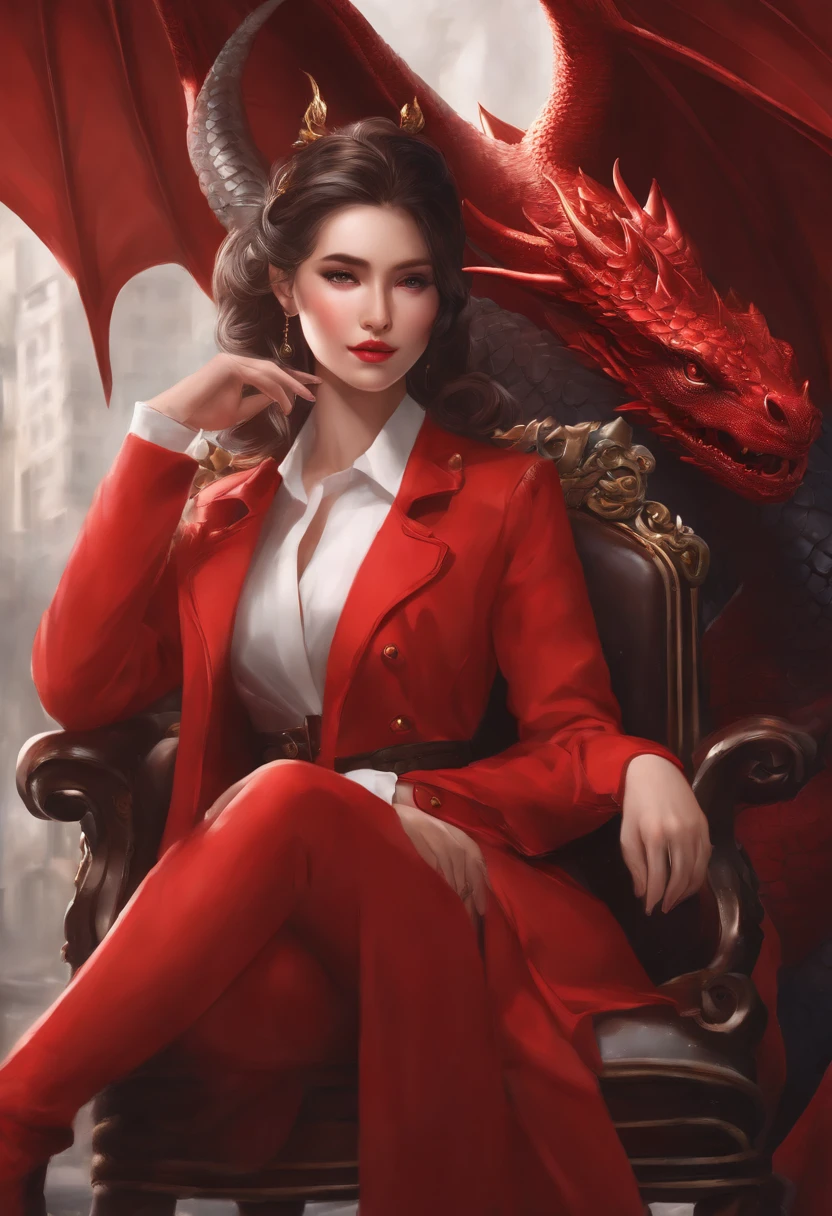 A woman in a red coat sitting on a chair with a dragon, popular on ArtStation Pixiv, detailed anime artwork, detailed digital anime art, complex gorgeous anime CGI style, guvez on pixiv art station, guvez on pixiv, anime fantasy illustration, detailed anime art, clean detailed anime art, detailed key anime art, red lip micro-open