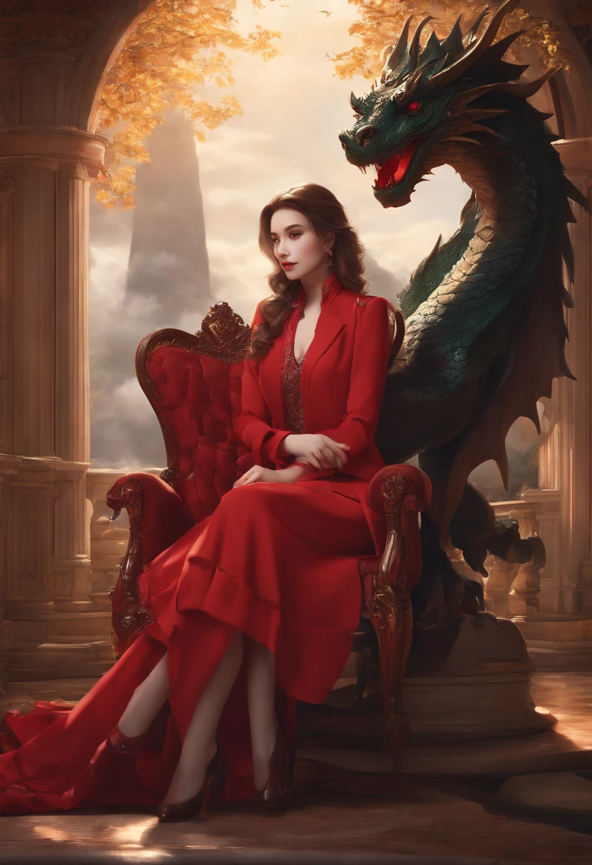 A woman in a red coat sitting on a chair with a dragon, popular on ArtStation Pixiv, detailed anime artwork, detailed digital anime art, complex gorgeous anime CGI style, guvez on pixiv art station, guvez on pixiv, anime fantasy illustration, detailed anime art, clean detailed anime art, detailed key anime art, red lip micro-open