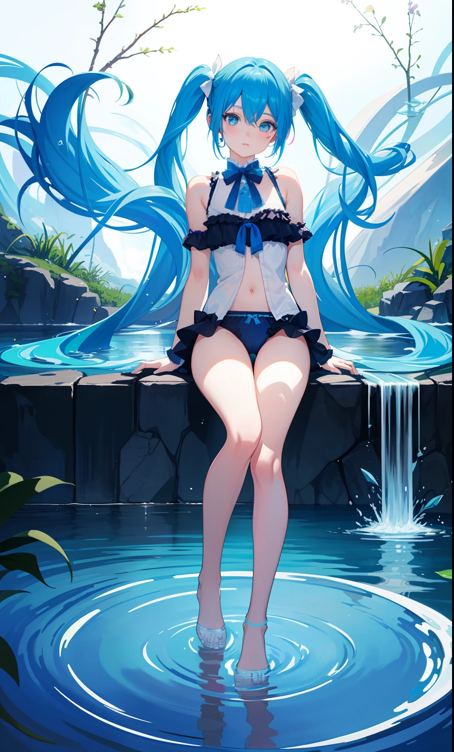 1girl in、AS-Adult、Cute underwear、Full body portrait、miku hatsune,clean,masterpiece,Beautiful fece,flowingwater,The background is cobalt blue,effect,neon color,Pink hair,White patterned underwear,White ribbon