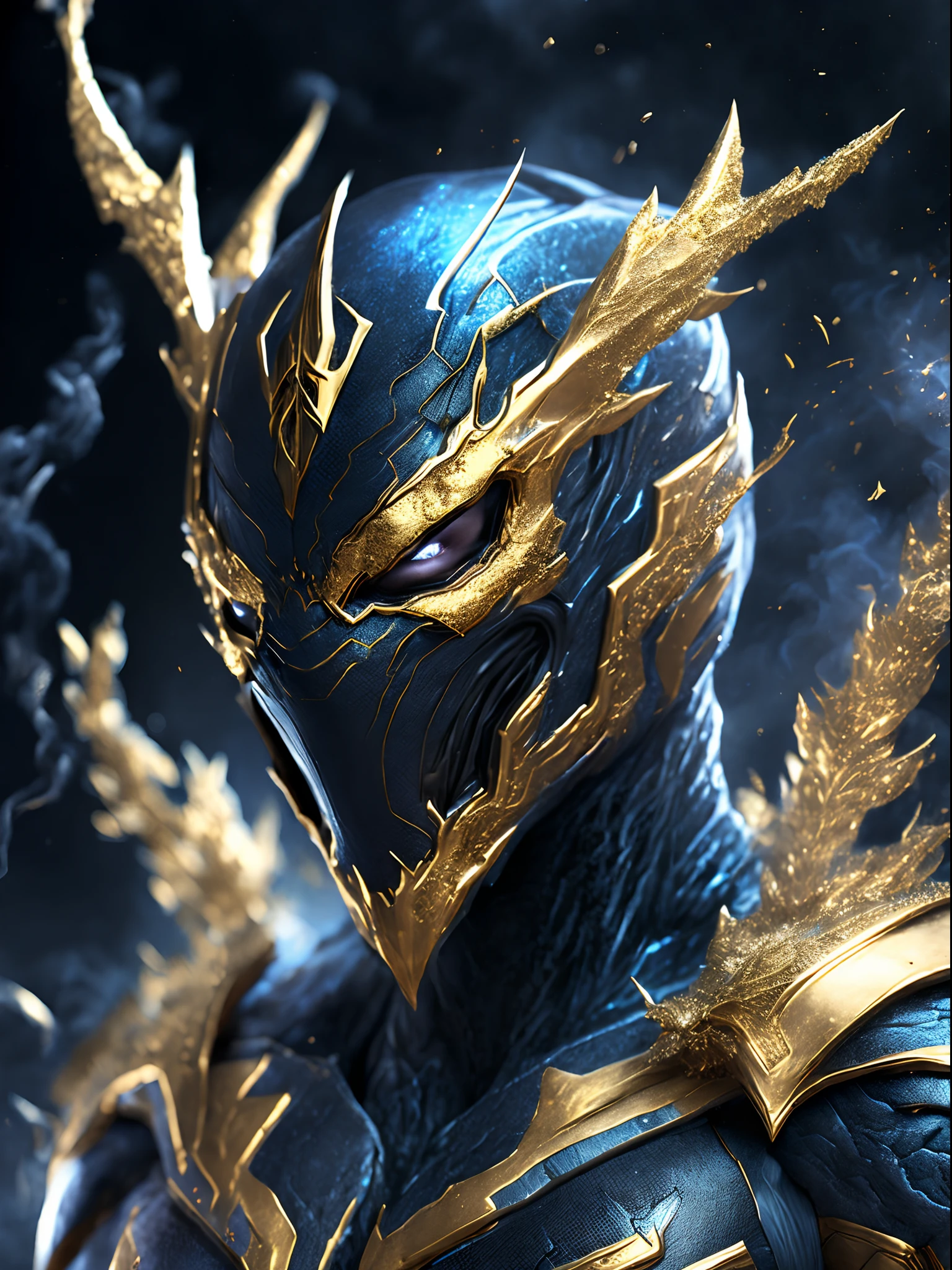 Close-up ( frozen gold venom from Marvel in Goth style: 1.3) emerging from the venomous ice, extremely detailed, smoke, sparks, metal shavings, flying debris, volumetric light