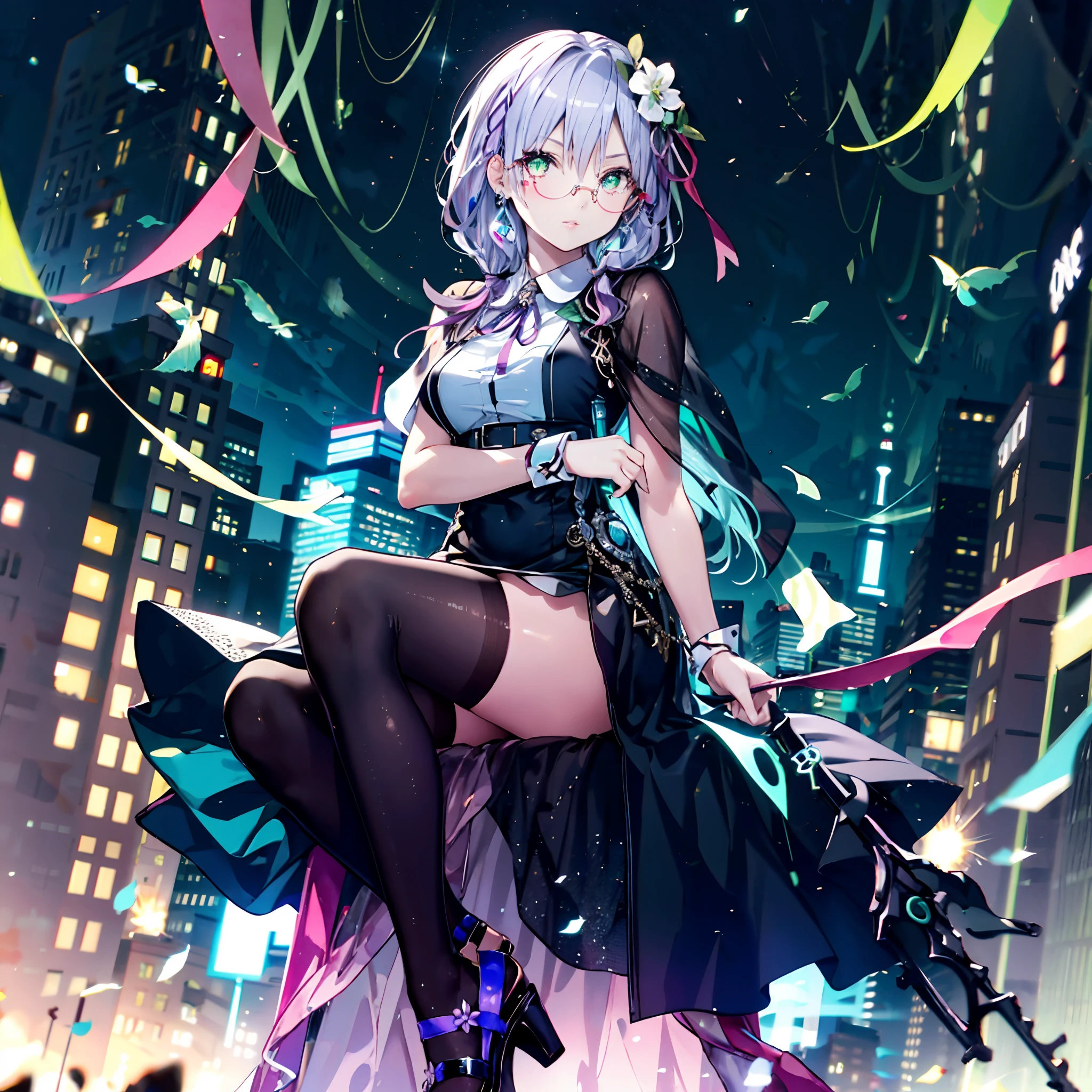 (Full Head:1.9),Detailed depiction of the face,1 Lady,a matural female,Black Dress Long Dress,(black lence stockings+),(Light purple hair, green colored eyes, eye glass), High Heel Ribbon Sandals,(Feet in black stockings),Pink White Long Hair,Prom Background, Perfect body, face perfect, perfect hand, Perfect Finger, Perfect lips, perfect eyes, Perfect background