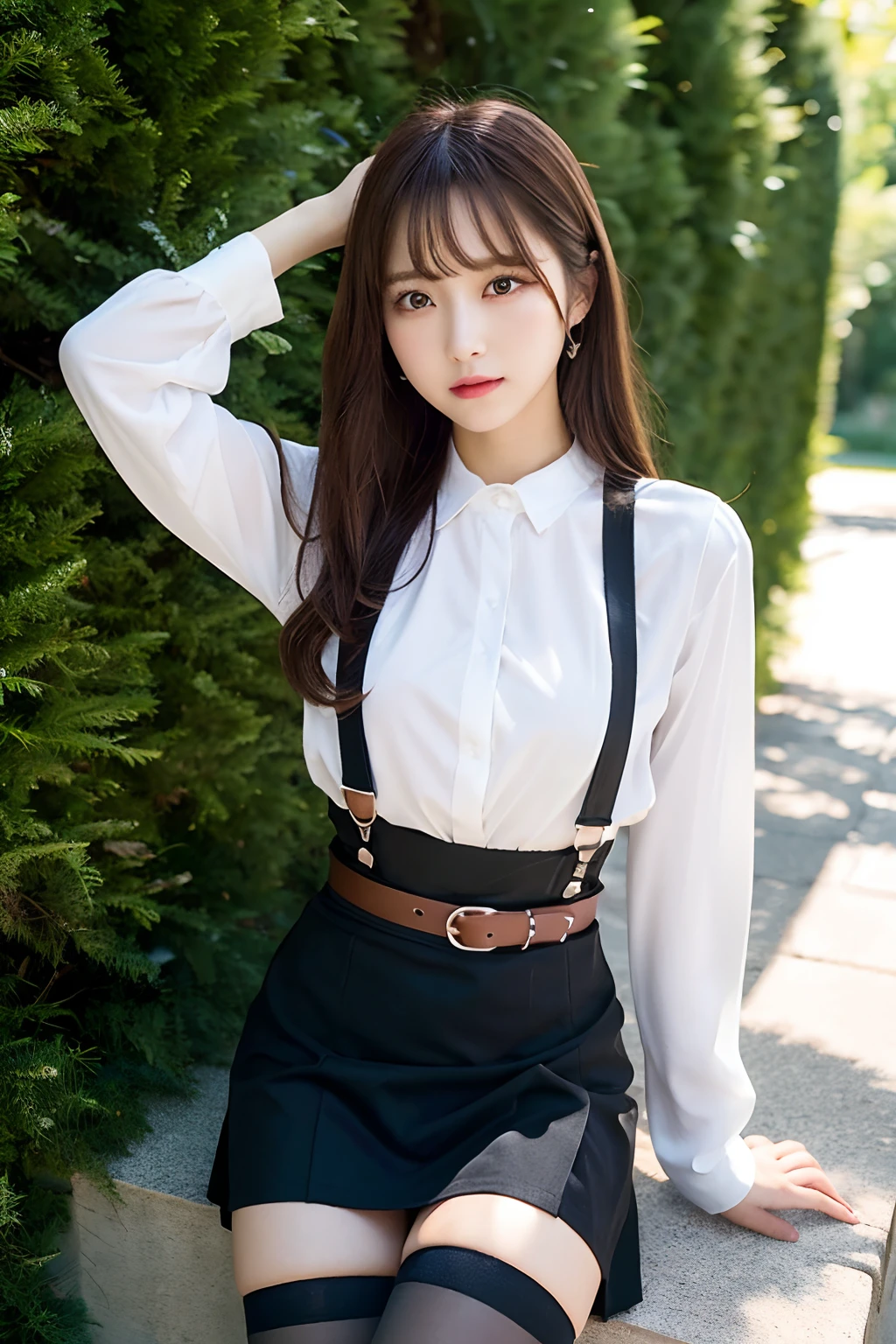 ​masterpiece、top-quality、The ultra -The high-definition、、colourfull、flat-colors、depth of fields、lens flare 1 girl、、Brown hair、watching at viewers　　　Black Cutter Shirt　a belt　black suspenders　Social OL　　　ample bosom　a miniskirt　　 Face sitting
Waiting to start　 Armpit sweat　perspiring　Side of both hands　huge-breasted　Knee High Near the Wall　Niso　stockings　garterbelts