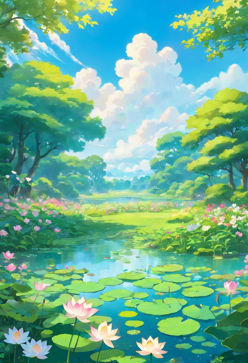with blue sky and white clouds，Small pond，Lotus leaf lotus，Big meadow，Flowers，Low shrub，springtime，Morning