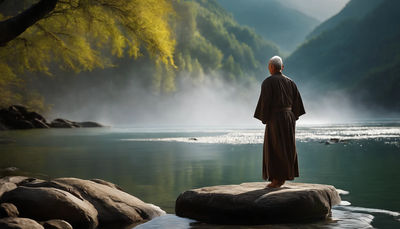 Imagine the old man of Zen, Gray robe, largeeyes, Smile and meditate, Face the camera, Full body photo, Frontal photo, The background is alpine flowing water, Chinese wind, the detail, Cinematic light, High quality --ar 3:4[Pictures], 。.。.。.。.3D, surrealism, Cinematic lighting, hyper HD, Super detail, Textured skin, hyper HD, ccurate, Textured skin, High details