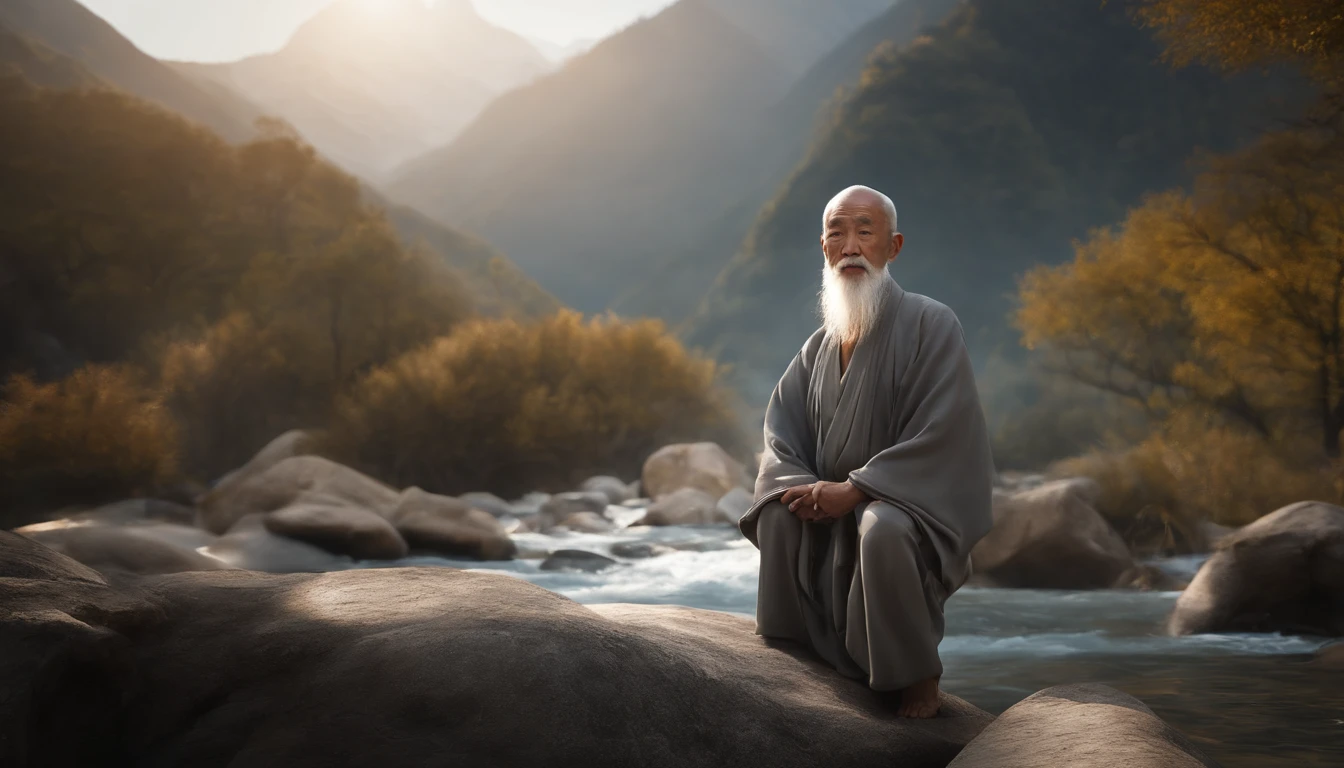 Imagine the old man of Zen, Gray robe, largeeyes, Smile and meditate, Face the camera, Full body photo, Frontal photo, The background is alpine flowing water, Chinese wind, the detail, Cinematic light, High quality --ar 3:4[Pictures], 。.。.。.。.3D, surrealism, Cinematic lighting, hyper HD, Super detail, Textured skin, hyper HD, ccurate, Textured skin, High details