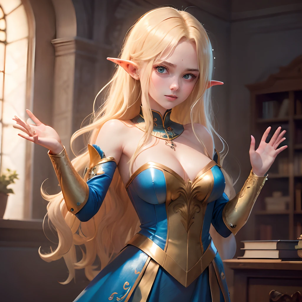 Outraged 20-year-old blonde elf girl with long wavy hair and blue eyes, in a blue dress with gold embroidery. 1 orc, green skin, in leather clothes. An argument with an orc in the office. The orc grabs her hands. waving arms. delicate detail. ultra details. Highly detailed characters.