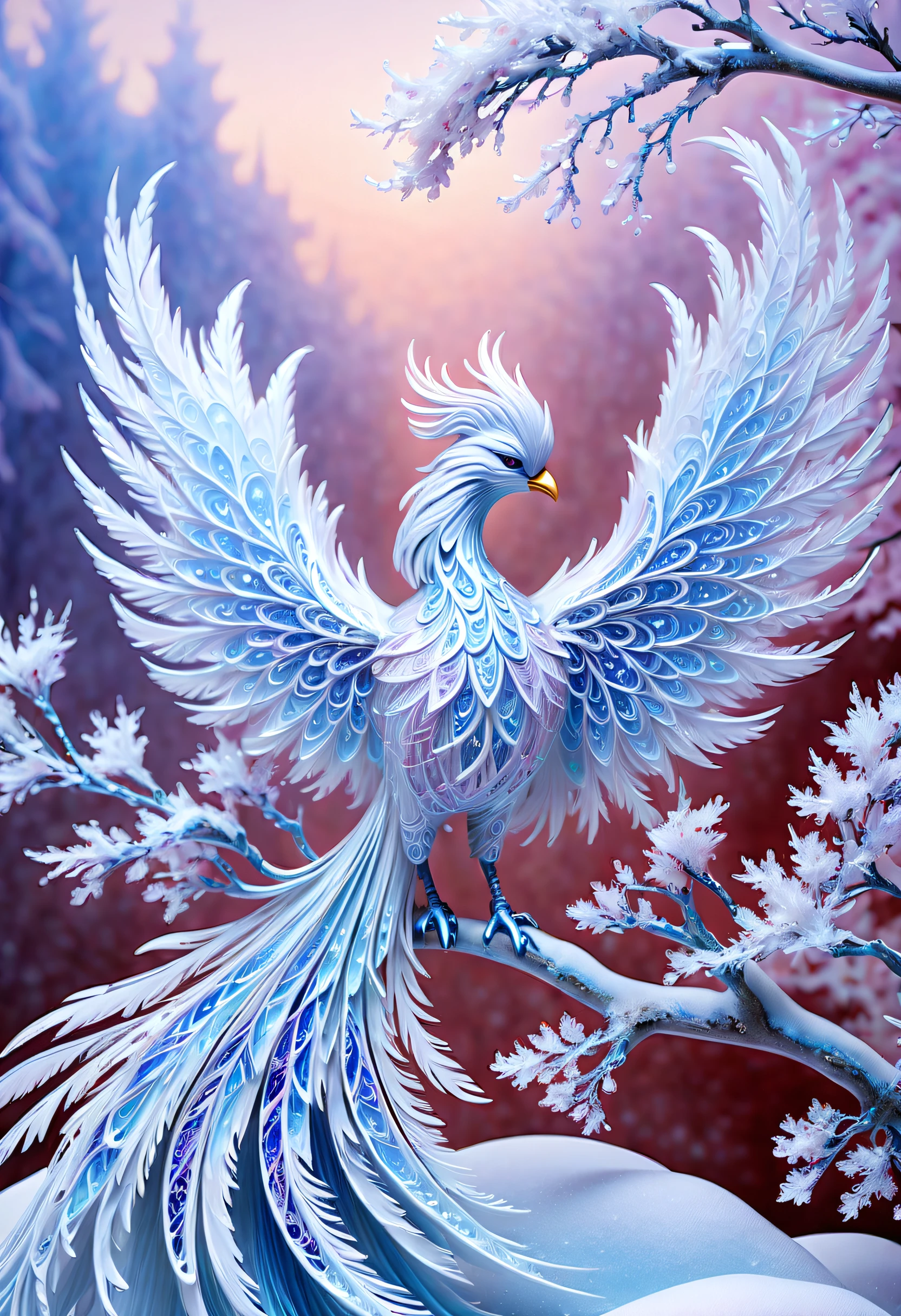 (((majestic and divine phoenix of in the ethereal beauty rime ice:1.3))), feathers glistening in the light, delicate layers of frost and intricate patterns, stunning canvas of frozen beauty cherry blossoms, brushstrokes create stunning sculptures that seem to defy gravity, Indulge in the mesmerizing allure, glistening surfaces intricate details, (((intricate details quality:1.3))), including alcohol inks, beauty and grace of a mythical background intricate details, stylistic rendering,