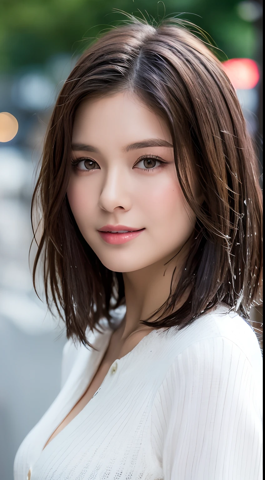 Russian Fashion Model, Natalia Belova,((Best Quality, 8K, Masterpiece: 1.3)), looking seductive pose,(best quality), (realistic), Nikon RAW photo, Fujifilm XT3, marinabondarko, beautiful 1girl, white_sweater, brown_hair, facing_viewer, smile, supermodel, (ultra detailed),Sharp: 1.2, Perfect Body Beauty: 1.4, Slim Abs: 1.2, ((Layered Hairstyle, Big Breasts: 1.2)), (Wet White Button Long Shirt: 1.1), (Rain, Street: 1.2), Wet: 1.5, Highly detailed face and skin texture, detailed eyes, double eyelids, side face looking at the camera