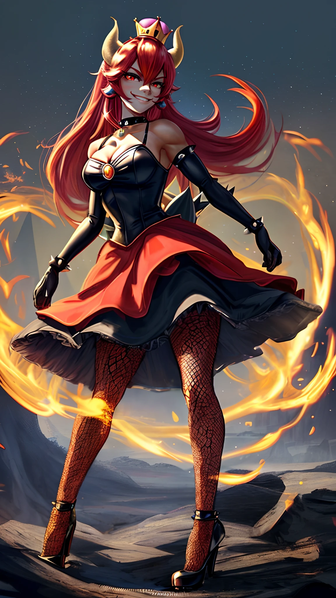 [redbowsette], [Princess_Peach], [Uploaded to rule34.xxx; (suoiresnu), (nekololisama)], ((masterpiece)), ((HD)), ((solo portrait)), ((front view)), ((anime)),  ((beautiful render art)), ((detailed shading)), ((intricate detail)), {bowsette; dark skin, cute red eyes, long eyelashes, long red hair, (beautiful muscular legs), (defined arm muscles), (smug smirk), (sharp white teeth)}, {(short black dress), (spike bracers), (spike choker), (red pendant on chest), (spike red earrings), (black heels), (super crown), (fishnet pantyhose)}, {(standing), (looking at viewer), (dynamic pose)}, [Background; (castle ruins), (Volcano), (dark starry sky), (lava), (smoke)]