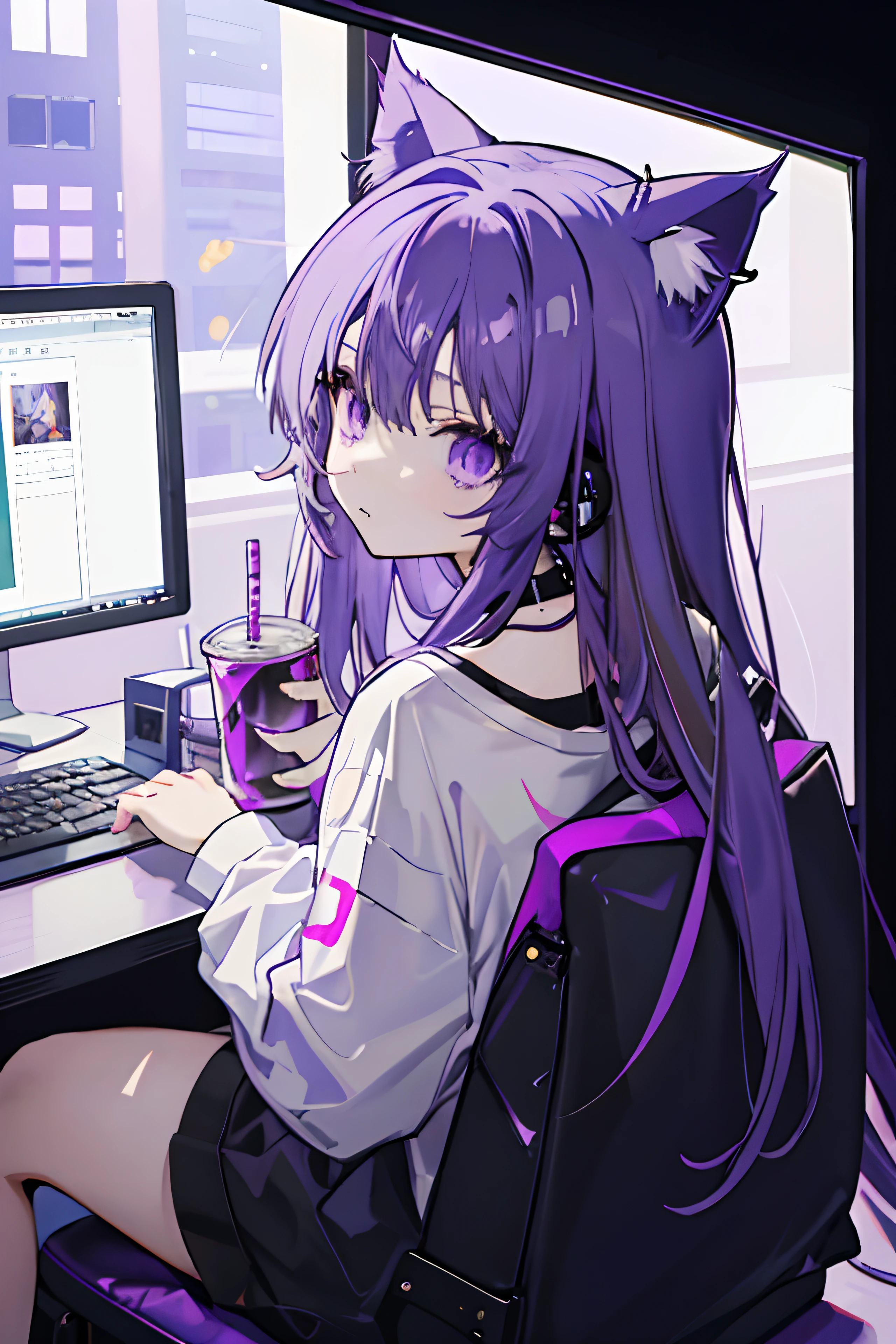 anime girl, purple hair, cat ears, choker, oversized white t-shirt, sitting down, holding a cup, soda cup, headset, Infront of PC, facing away, dark, bright screen, streaming room, up close, baggy clothes, back facing camera, back shot,looking behind, soda can, purple room, darkly lit