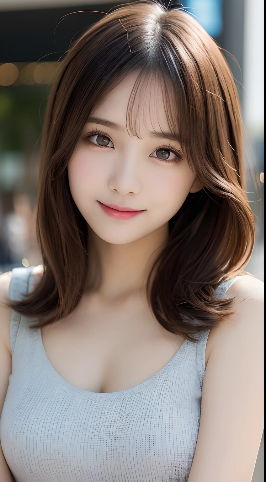 masutepiece, Best Quality, Illustration, Ultra-detailed, finely detail, hight resolution, 8K Wallpaper, Perfect dynamic composition, Beautiful detailed eyes, Women's Fashion Summer,Medium Hair,Small breasts natural color lip, Bold sexy poses,Smile,Harajuku、20 years girl、Cute、Sexy shot looking at camera