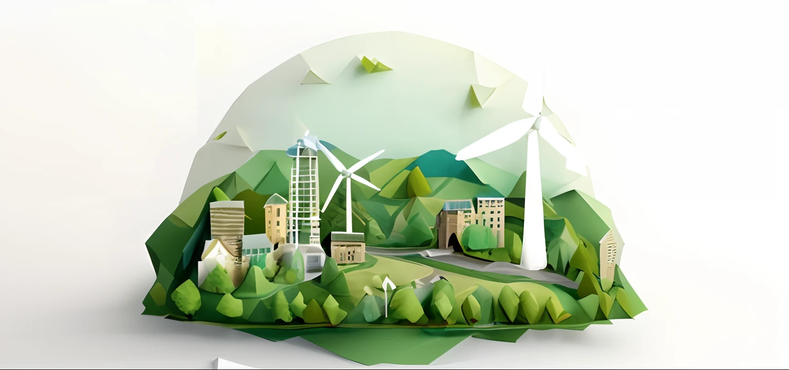 village avec des arbres sur une colline, une petite route, un cycliste, A wind turbine in the distance, le soleil, les nuages. Origami style made from paper cut. Abstract Symbolic Scene of Responsible Ecology. Art Design Vector Illustrations.