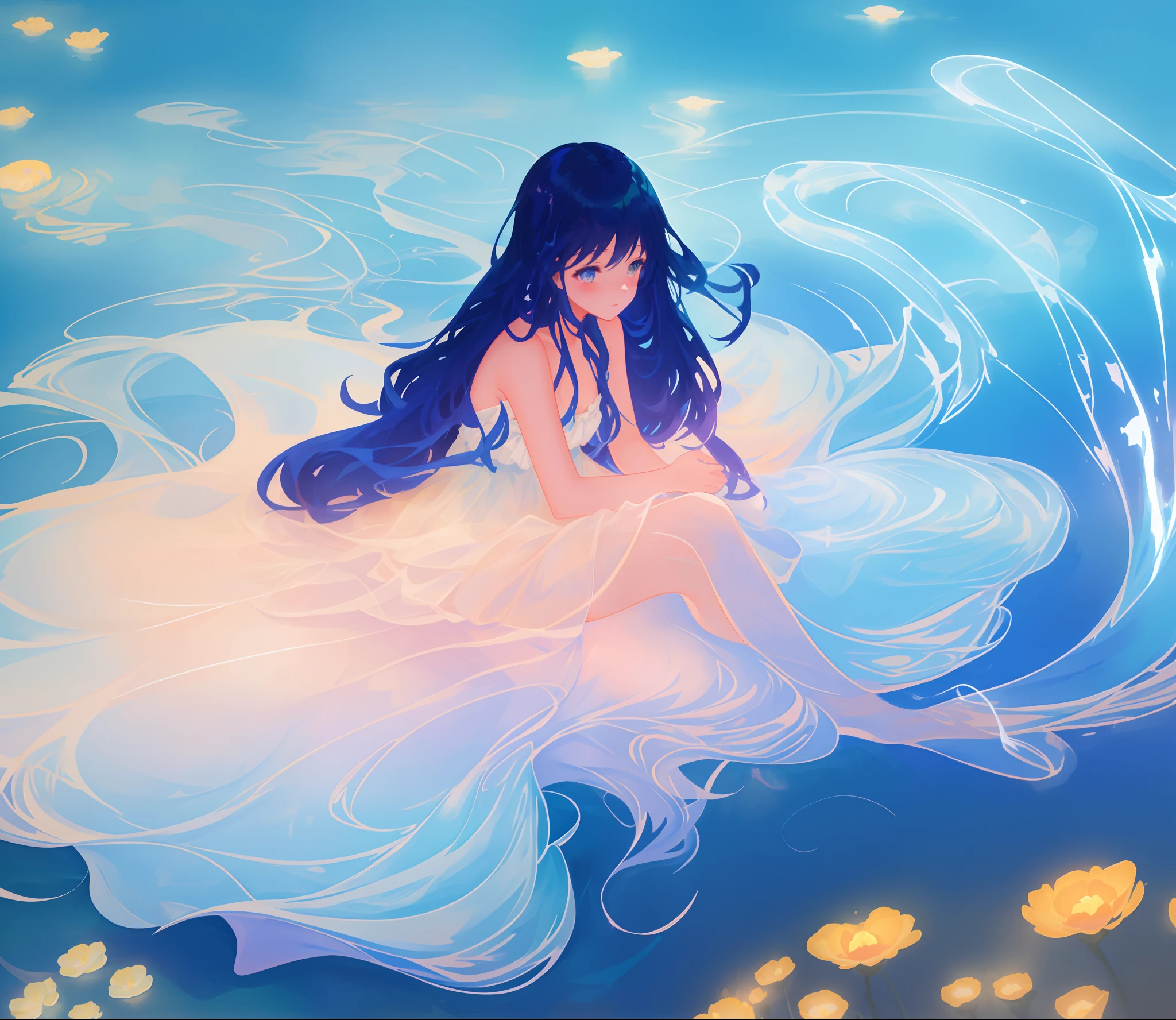 beautiful girl covered by seafoam, long dark hair, beautiful girl sitting in the water, dress made of white seafoam, water nymph, water fairy, watercolor illustration, inspired by Glen Keane, inspired by Lois van Baarle, disney art style, by Lois van Baarle, glowing aura around her, by Glen Keane, jen bartel, glowing lights! digital painting, flowing glowing hair, glowing flowing hair, beautiful digital illustration, fantasia otherworldly landscape plants flowers, beautiful, masterpiece, best quality, anime disney style