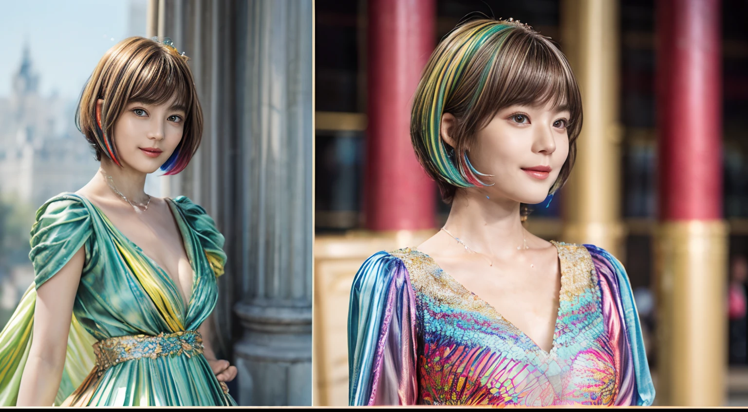 72
(20-year-old princess,is standing), (A hyper-realistic), (masutepiece), ((colourfull、short-hair:1.5)), (Silky hair), (Breast:0.9), (kindly smile:0.8), lipsticks, (Luxurious dresses:1.46), Ball in a stately palace