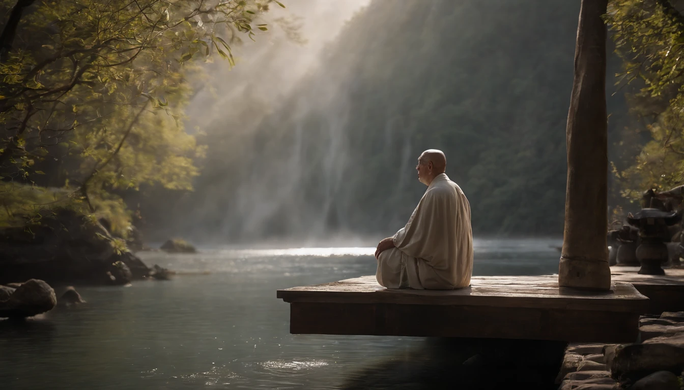 Imagine the old man of Zen, Gray robe, largeeyes, Smile and meditate, Face the camera, Full body photo, Frontal photo, The background is alpine flowing water, Chinese wind, the detail, Cinematic light, High quality --ar 3:4[Pictures], 。.。.。.。.3D, surrealism, Cinematic lighting, hyper HD, Super detail, Textured skin, hyper HD, ccurate, Textured skin, High details