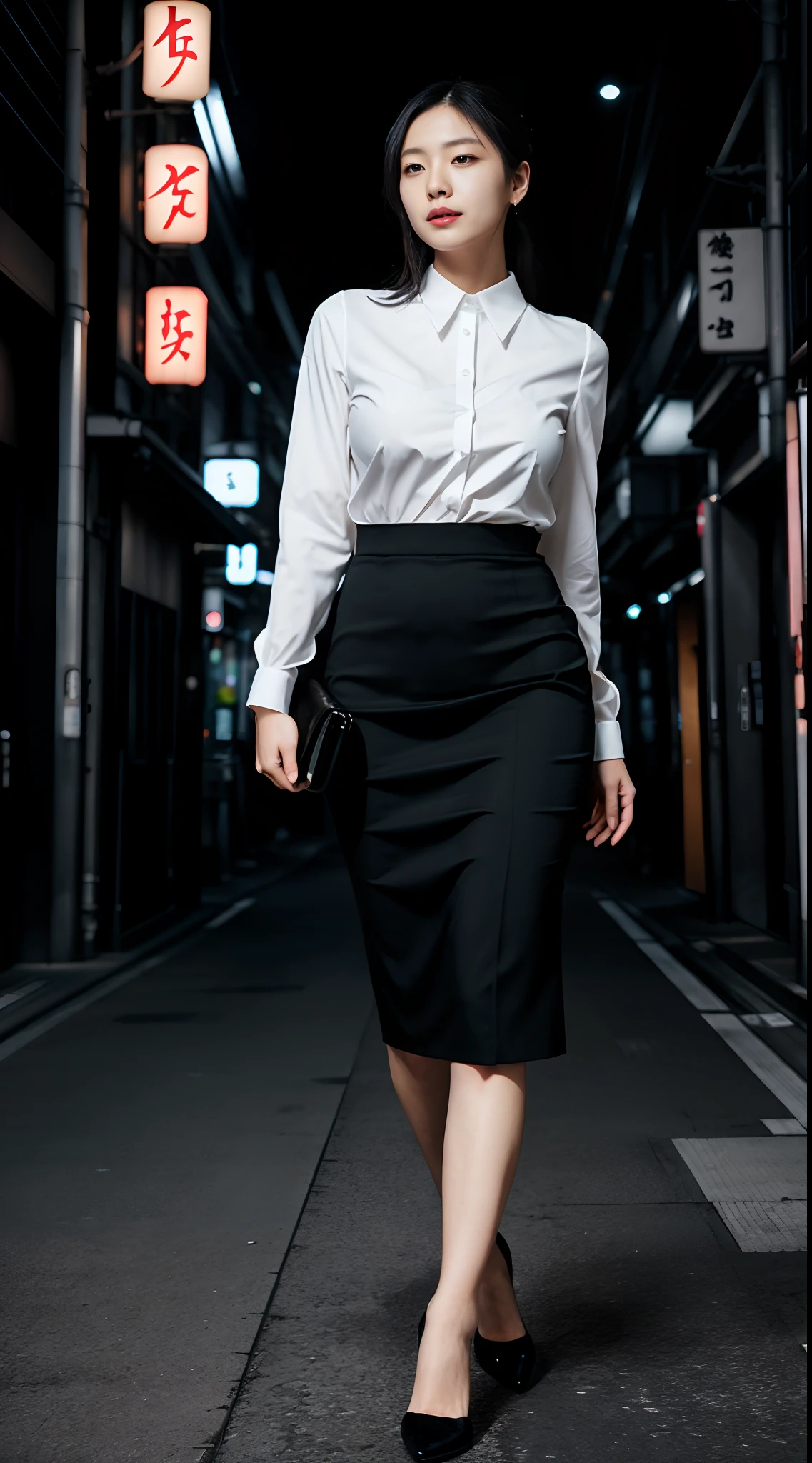 ( Masterpiece ) arafed woman in a white top and a black thigh length tight skirt, office clothes, business clothes, wearing business casual dress, black skirt, elegant clothes, high-waist-Black-skirt, business outfit, casual business outfit, japanese women's fashion model, sophisticated dress, skinny waist and slim hips, small breasts, 8K Ultra Realistic, walking in alley, tokyo, night, soft lighting, moonlight