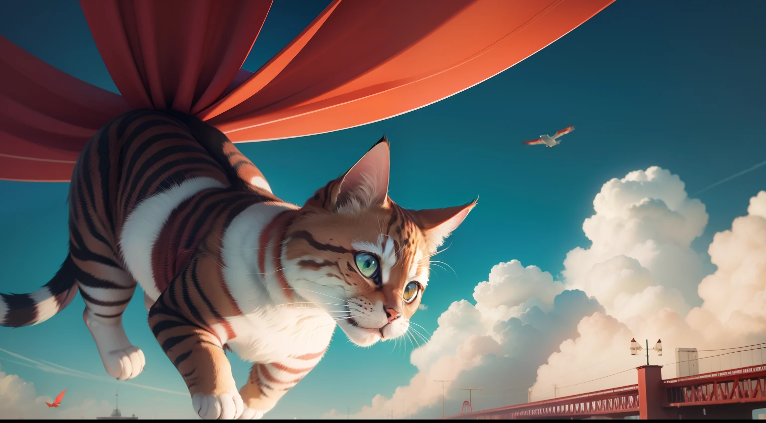 Lindo gato con capa roja volando por el cielo