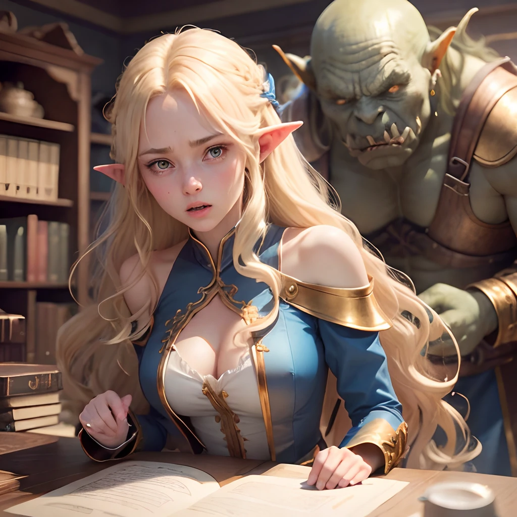 Outraged 20-year-old blonde elf girl with long wavy hair and blue eyes, in a blue dress with gold embroidery. 1 Orc in uniform. An argument with an orc in the office. The orc grabs her hands. delicate detail. ultra details. Highly detailed characters.