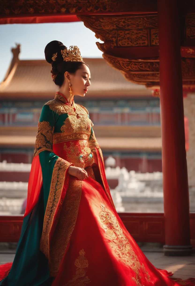 A queen in the Forbidden City,Pulling a age girl with her breasts exposed,and the sun was shining brightly,Elegant,