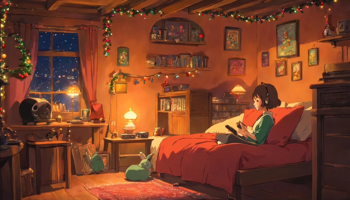 Girl listening to music in a cozy room at night, Christmas decoration. Usando fones de ouvido, Anime estilo 2D, Lo-fi, disco Rigido, Ambiente escuro