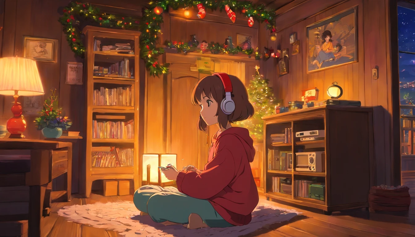Girl listening to music in a cozy room at night, Christmas decoration. Usando fones de ouvido, Anime estilo 2D, Lo-fi, disco Rigido, Ambiente escuro