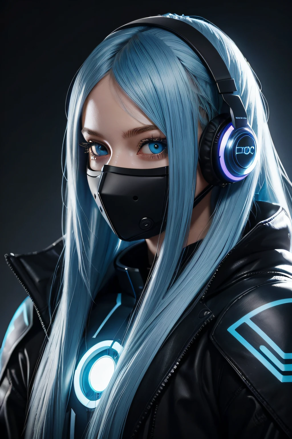 girl with long blue hair, blue eyes, futuristic vibes, mask on mouth, headphones, 8k, high quality, simple background, glowing eyes, nice pose